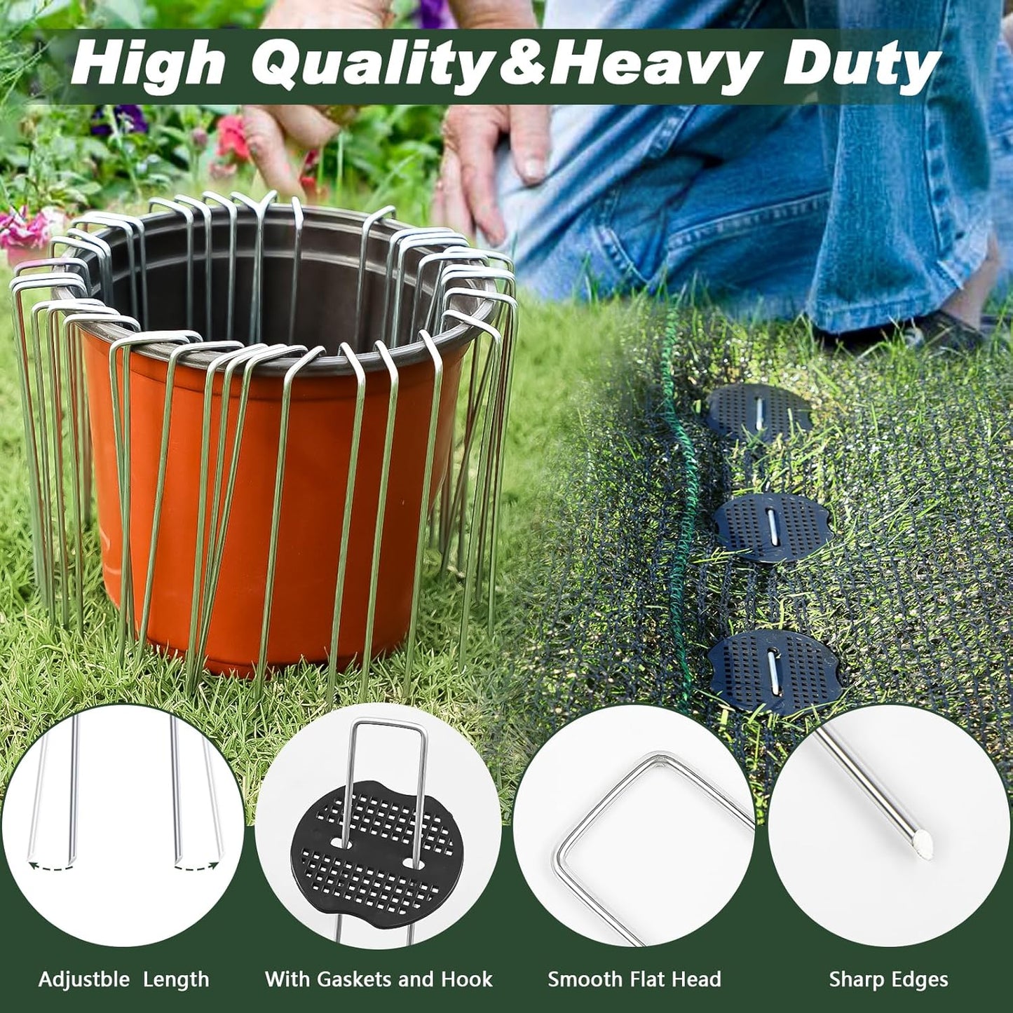 FEED GARDEN 6 Inch 200 Pcs Galvanized Landscape Staples 200 Pcs Gaskets Pick Hook Garden Stakes 11 Gauge Anti-Rust Landscaping Fabric SOD Pins U Shaped Yard Turf Stakes for Weed Barrier Fabric