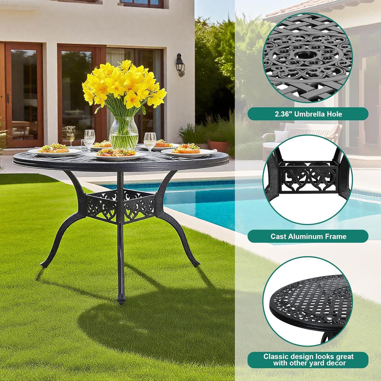 5 Pieces Cast Aluminium Patio Dining Set for 4-6 Person,Round 48" Patio Table and Chairs Set of 4 with 2.3" Umbrella Hole,Outdoor Patio Furniture Dining Set for Porch Backyard Deck, Black