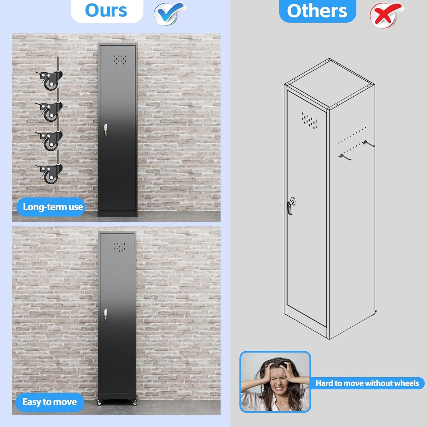 72''H Metal Broom Closet Storage Cabinet with Wheels & Pegboards, Mops Broom Closet Organizer with Locking Door & Hanging Rod,Cleaning Tool Garage Storage Cabinet,Assembly Required,Black