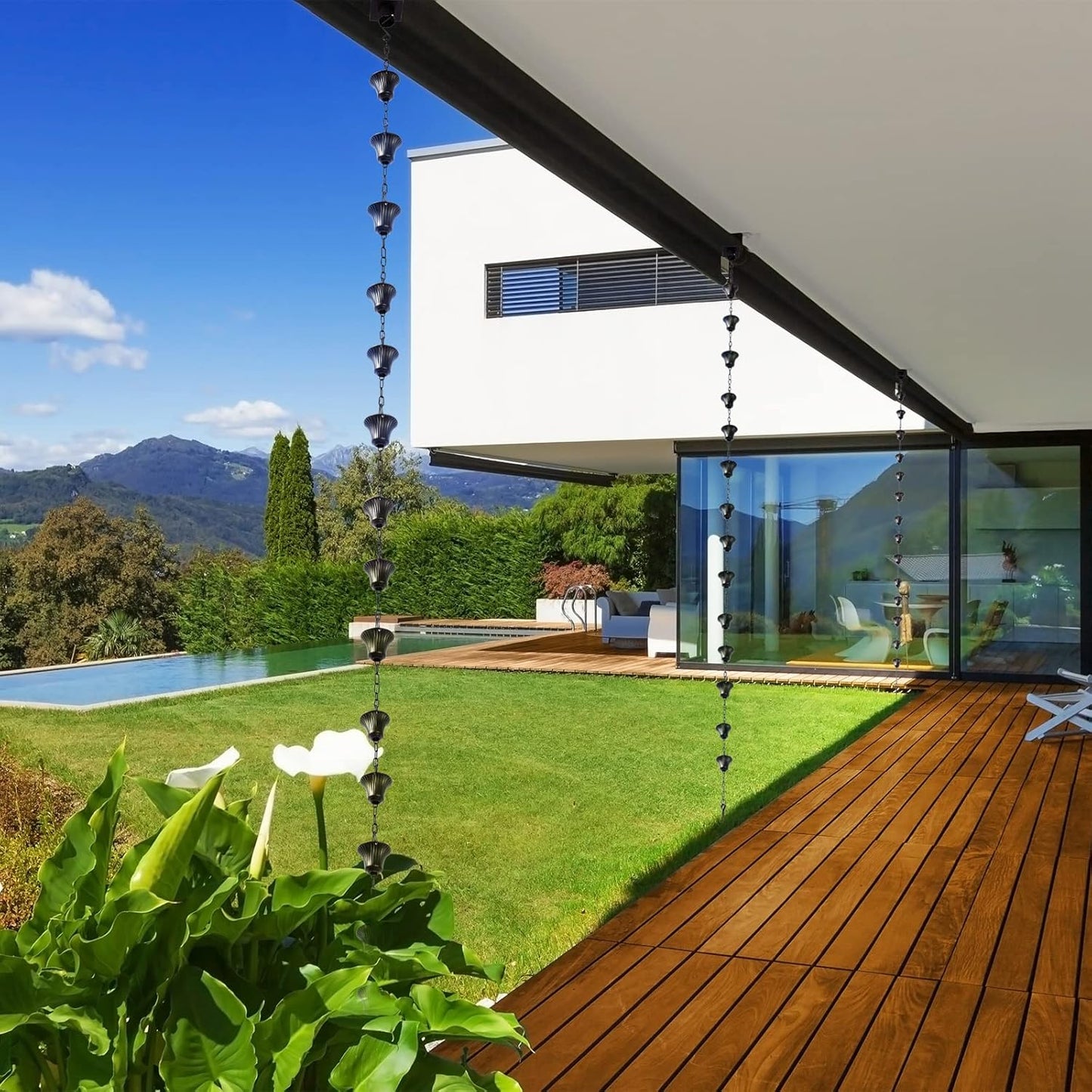 Rain Chain Set 8.5 Ft,Not Rust Wrought Iron Rain Chains for Gutters with Adapter Gotta Drain and Anchoring Stake, 14 Cups, 1 Hook, Adjustable Length for Garden Decorative (Coffee)