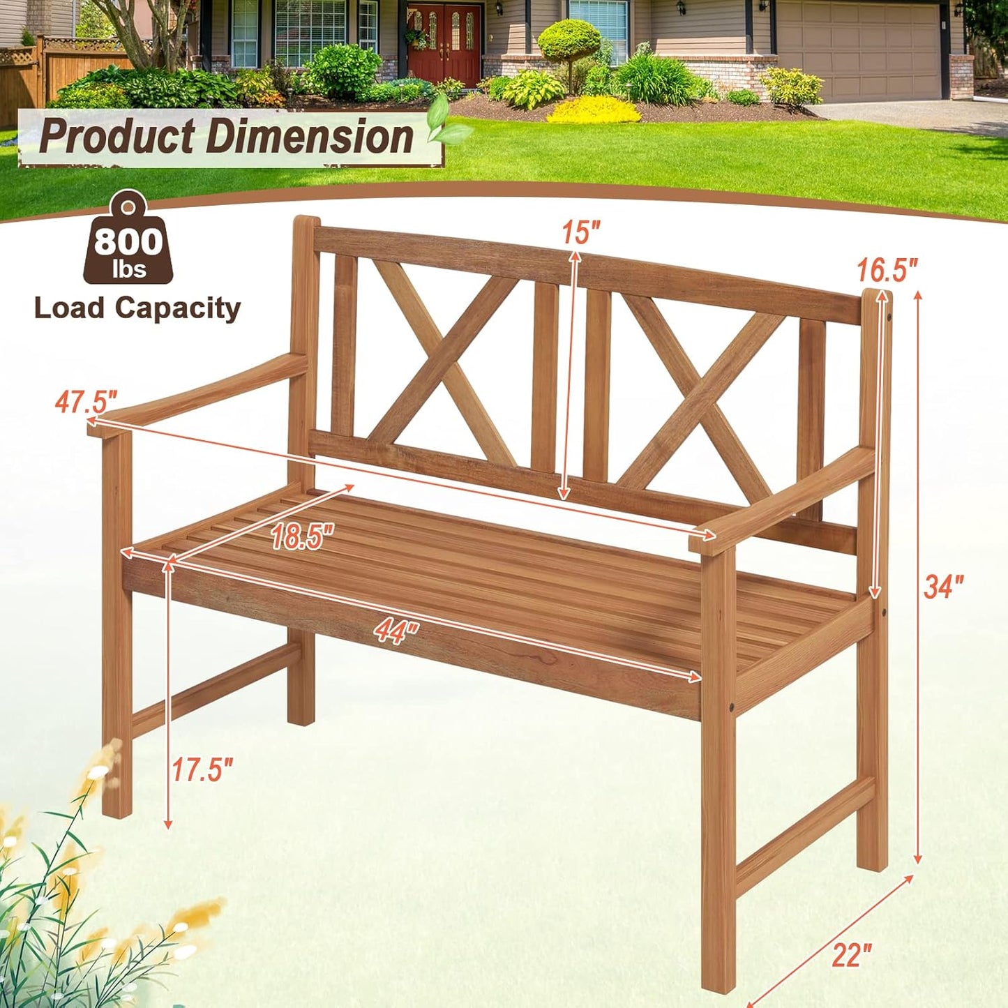 Giantex Patio Garden Bench Loveseat - 2-Person Acacia Wood Bench with Armrest, Backrest, Sturdy Frame, 800lbs Capacity, Outside Park Bench for Patio, Yard, Front Porch, Outdoor Garden Bench, Natural