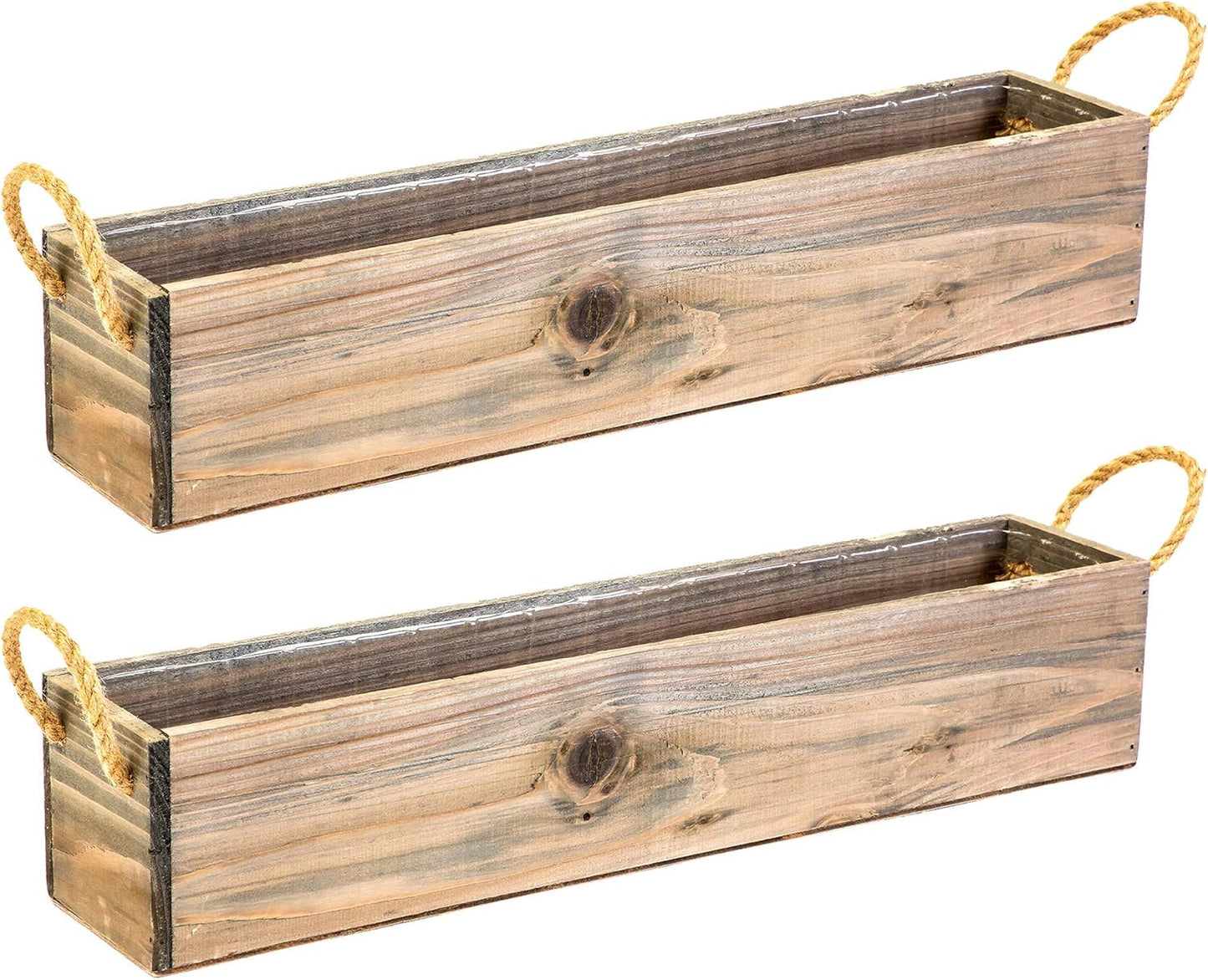 20" Rectangular Rustic Wood Planter with Handle and Plastic Liner l Rustic Barn Wood l Country Style, Home and Wedding Decorations, Garden Ornaments (20x4 w Handle Set of 2, Natural)