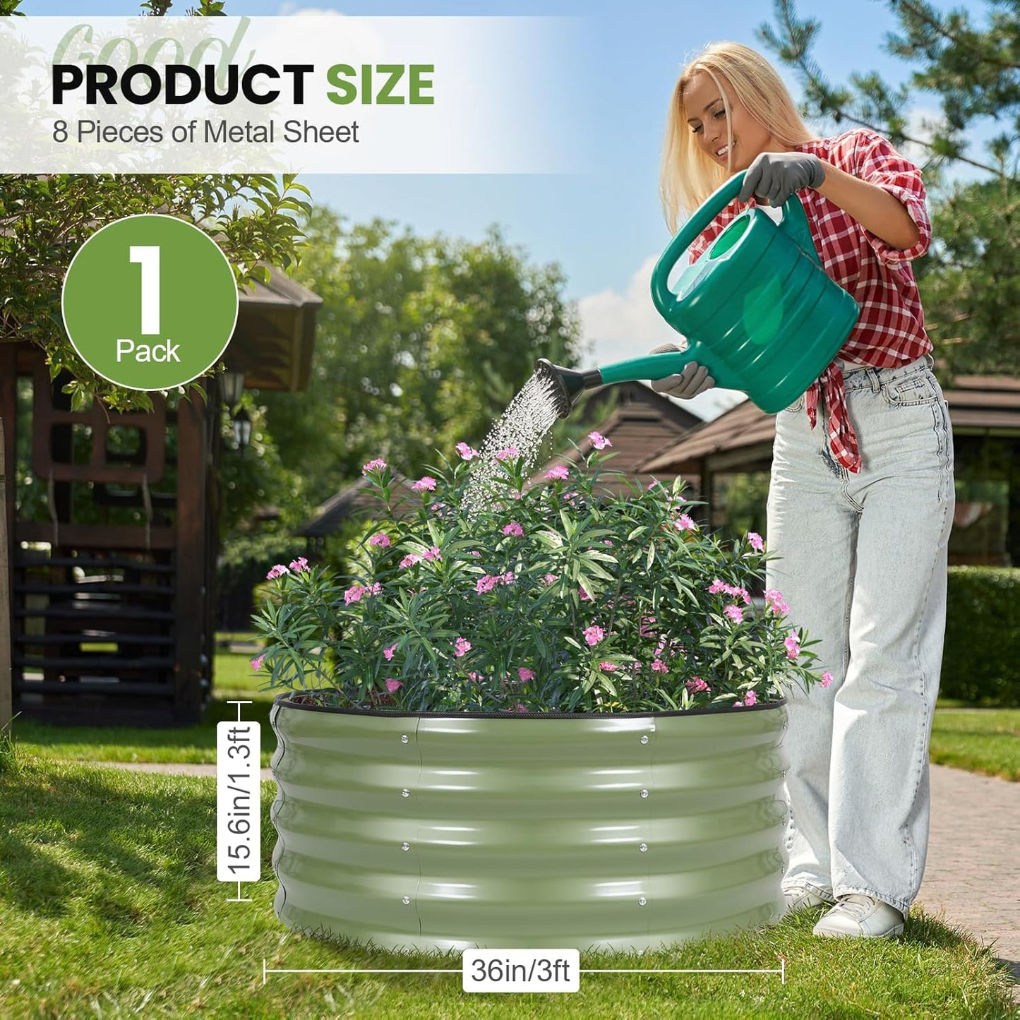 G GOOD GAIN Round Raised Garden Bed - 1Pcs 3x3x1.4ft Galvanized Steel Planter Boxes Outdoor with Rubber Edge Trim | Metal Raised Beds for Gardening Vegetables Flowers Fruits Herbs (Olive Green)