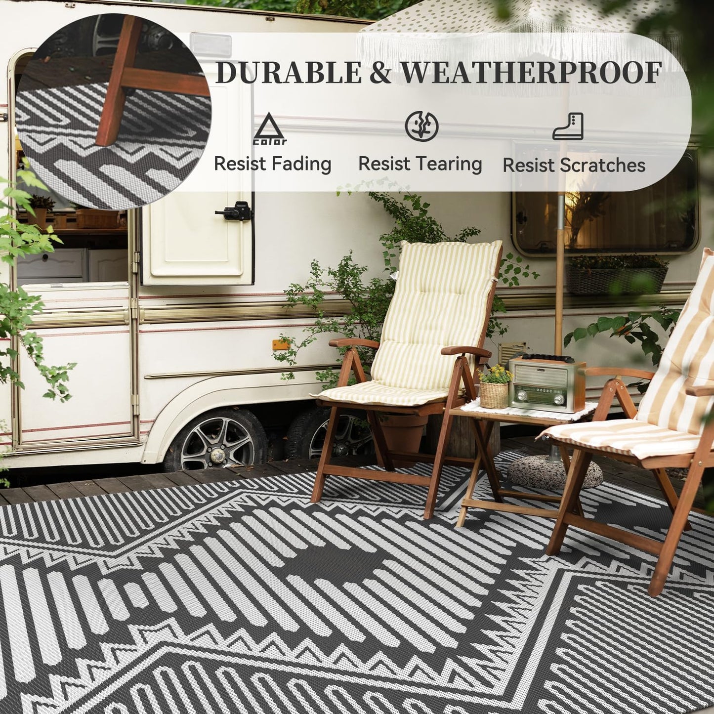 MontVoo Outdoor Rug 8x10 Waterproof Patio Rug-Outdoor Carpet Mat Reversible Plastic Straw Outside Outdoor Rug for RV Camping Picnic Beach Balcony Backyard Pool Deck Porch Modern Boho Grey