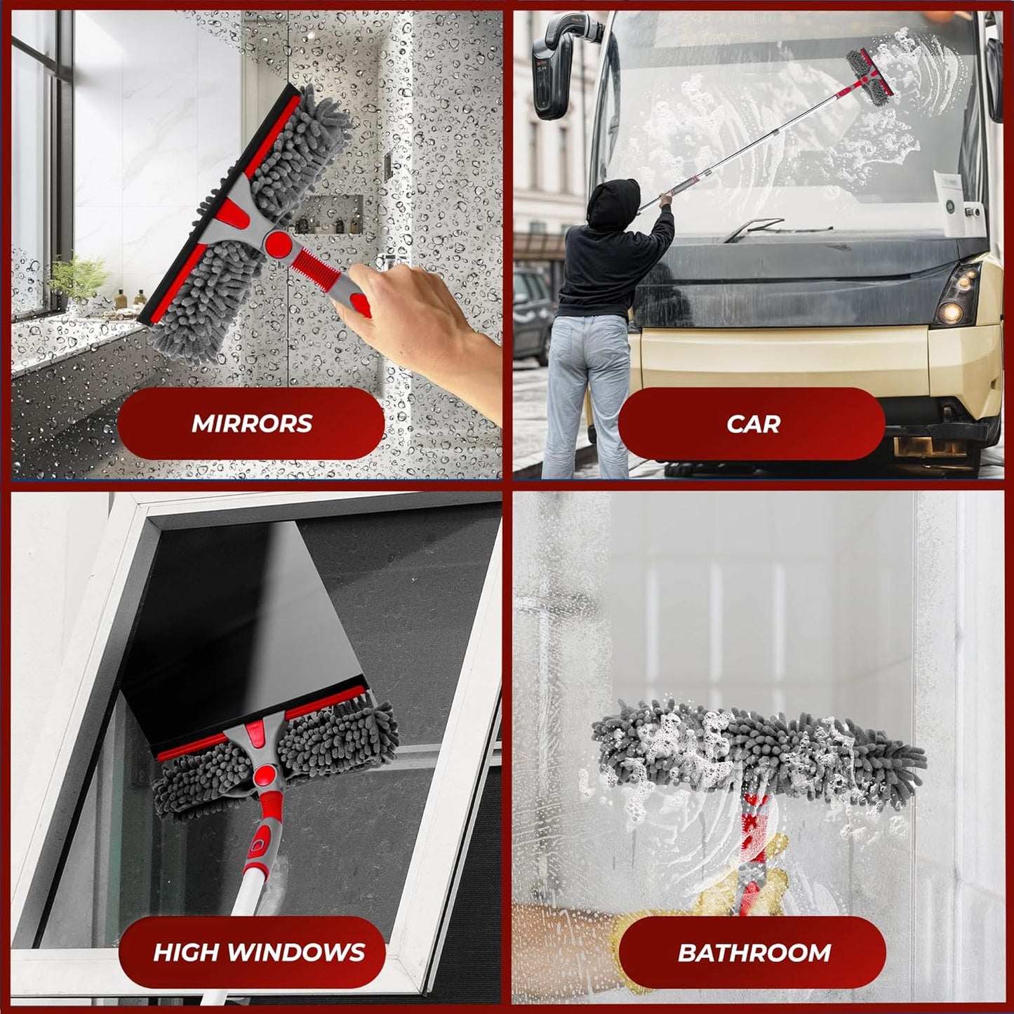 DSV Standard Squeegee Window Cleaner Tool 2-in-1 Window Squeegee for Window Cleaning, 60” Window Cleaning Squeegee Kit with Bendable Head, Window Cleaning Tool With Extension Pole for Home, Car, Glass