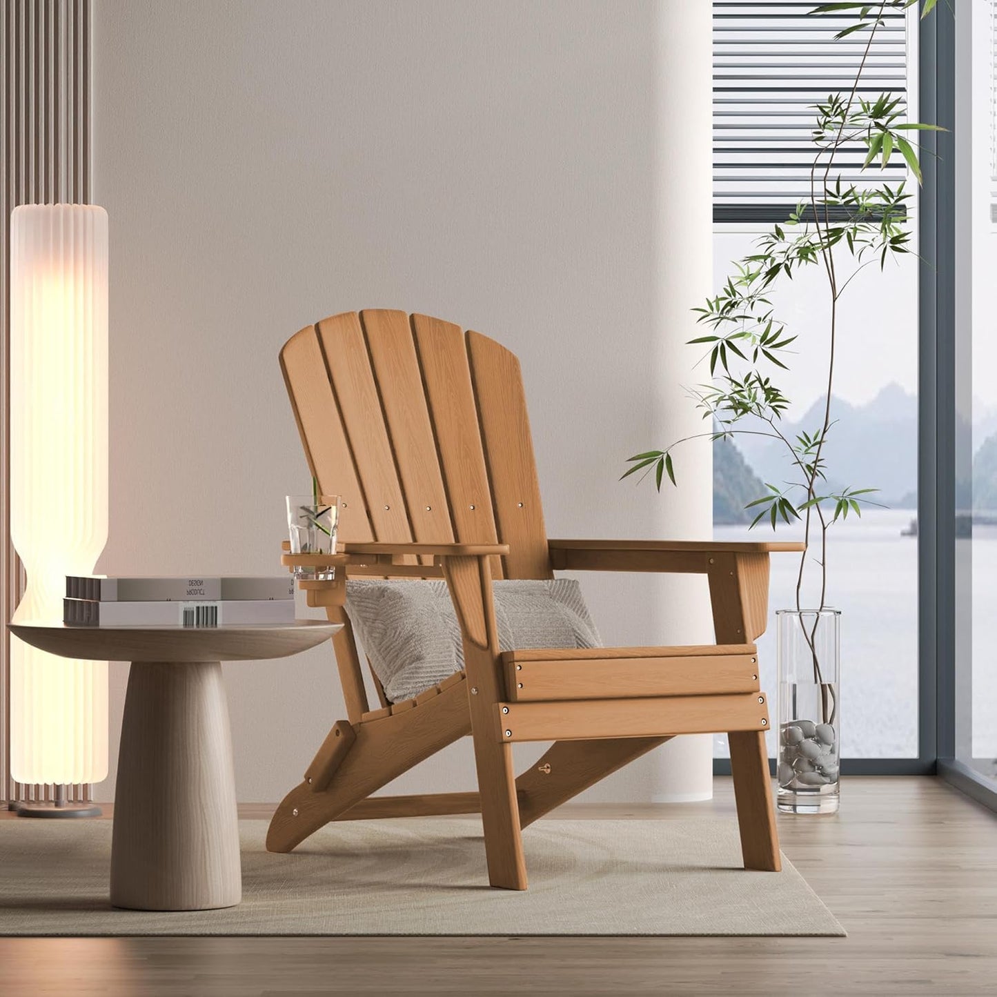 Folding Adirondack Chair - Extended Ergonomic Backrest, Cup Holder - Easy Assembly - Durable HDPE Plastic, Weather Resistant & Maintenance-Free - Lawn, Patio, Deck Supports 400lbs Teak