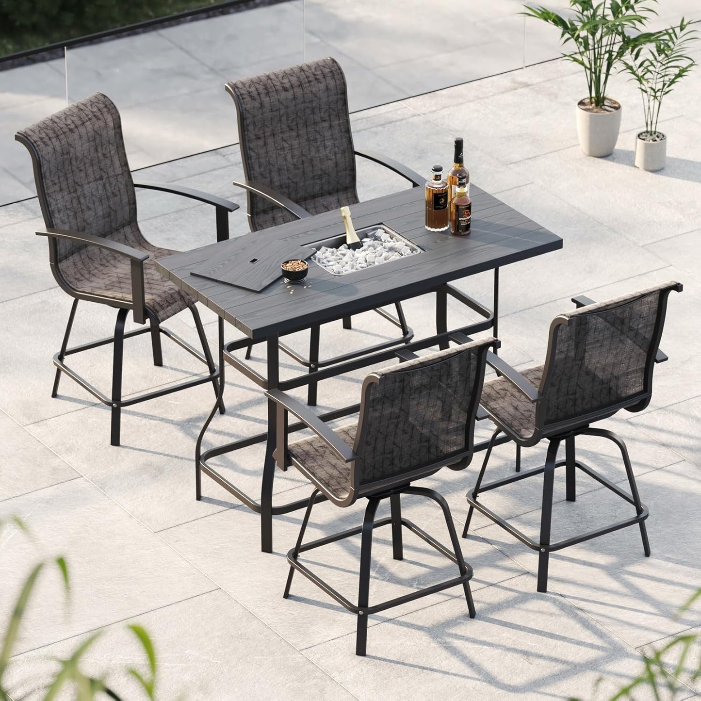 Grand patio 5-Piece Counter Height Patio Bar Set, Swivel Bar Stools and Faux Wood Grain Dining Table with Ice Bucket for Outdoor Kitchen Bistro Small Space Restaurant, Black&Grey Plaid