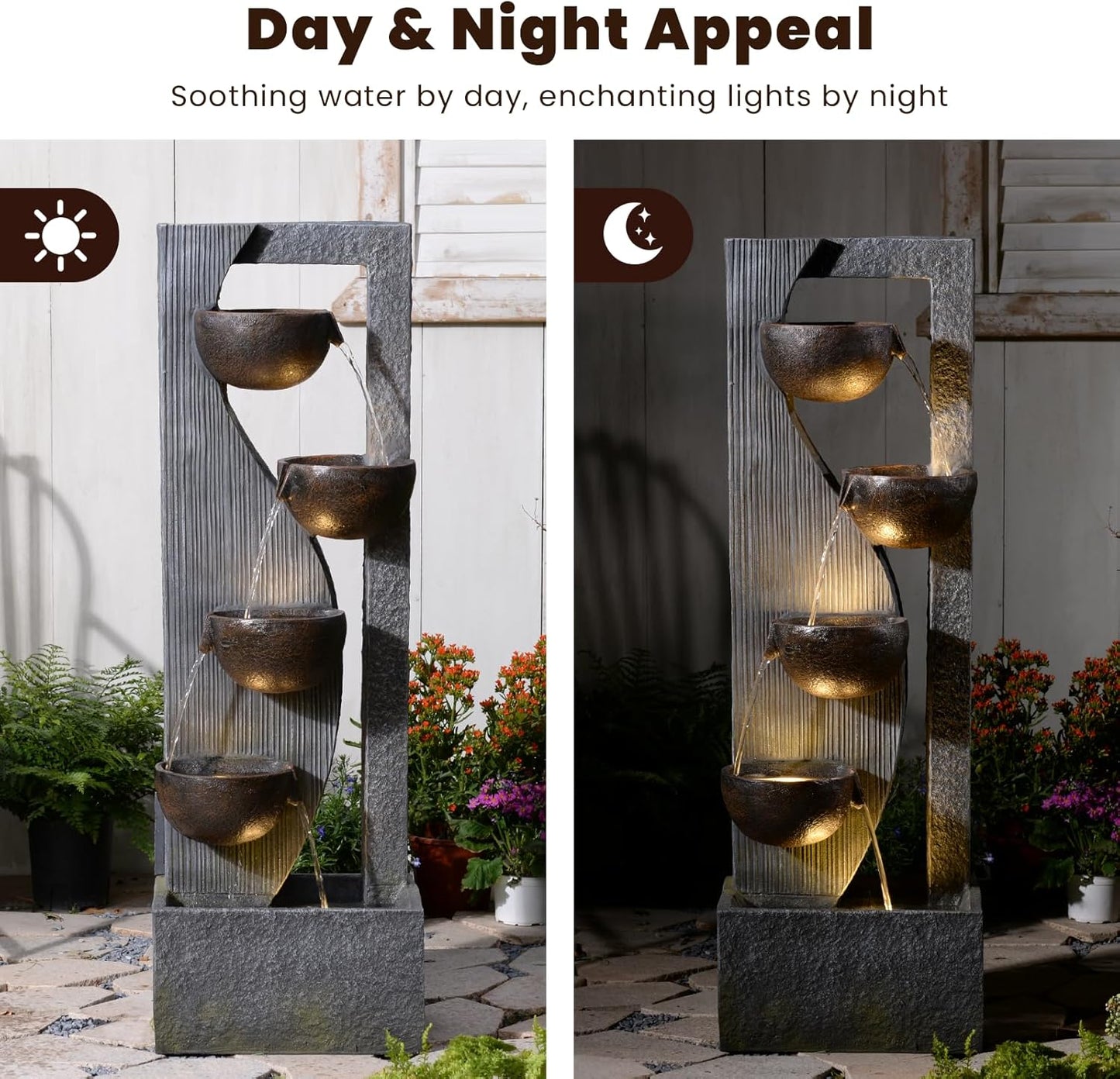 5-Tier Cascading Outdoor Fountain with LED Lights, 49.2" Tall Resin Waterfall Fountain for Garden, Patio, Backyard - Freestanding Water Feature