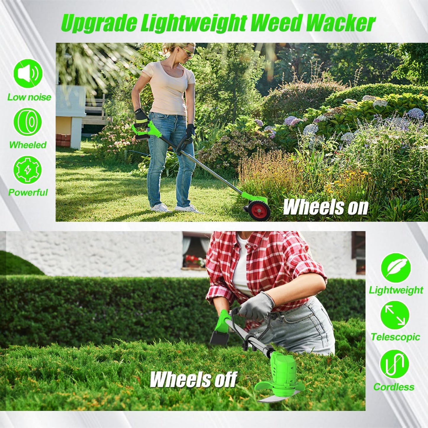 Electric Weed Wacker Eater Cordless Battery Powered, Weed Trimmer 21V Lightweight No-String with 2 Battery Operated & Wheels, 3 in 1 Stringless Grass Trimmer/Edger/Brush Cutter for Garden Yard Lawn
