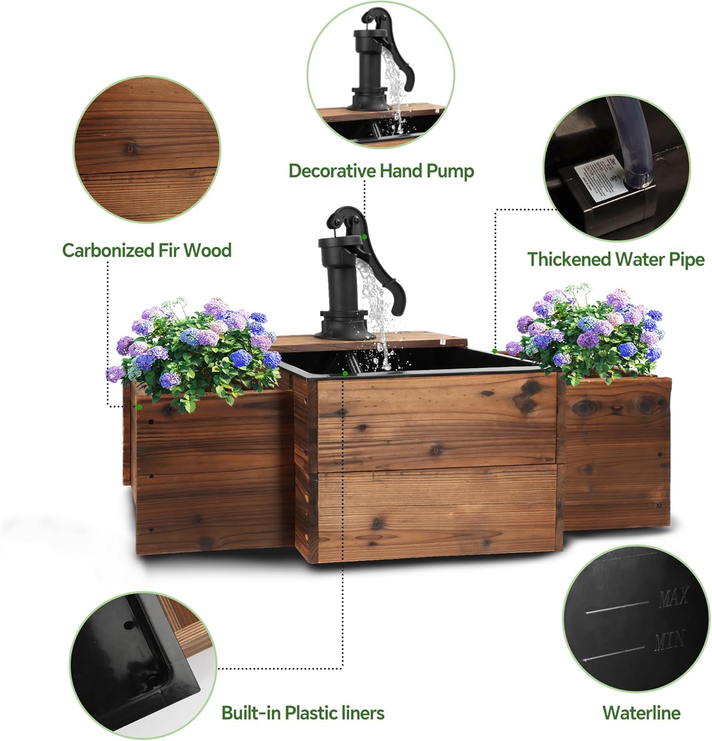 Outdoor Water Fountain,Floor Wooden Rectangular Pump Old-Fashioned Fountain with Flower Box,Electric Decorative Hand Pump, Outdoor Water Feature for Garden Patio Backyard