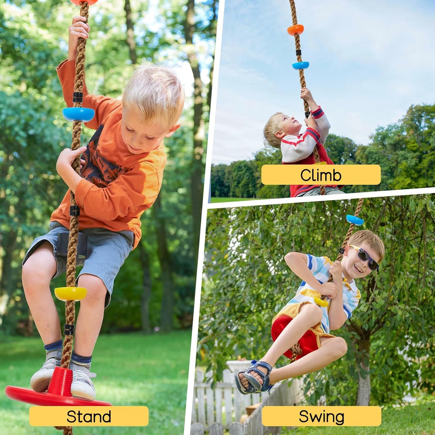 DECORLIFE Adjustable Rope Swing for Kids, Climbing Rope Disc Swing with Platforms, Carabiner and Tree Strap, Tree Swing for Outdoor, Swing Set Playground Accessories, Red