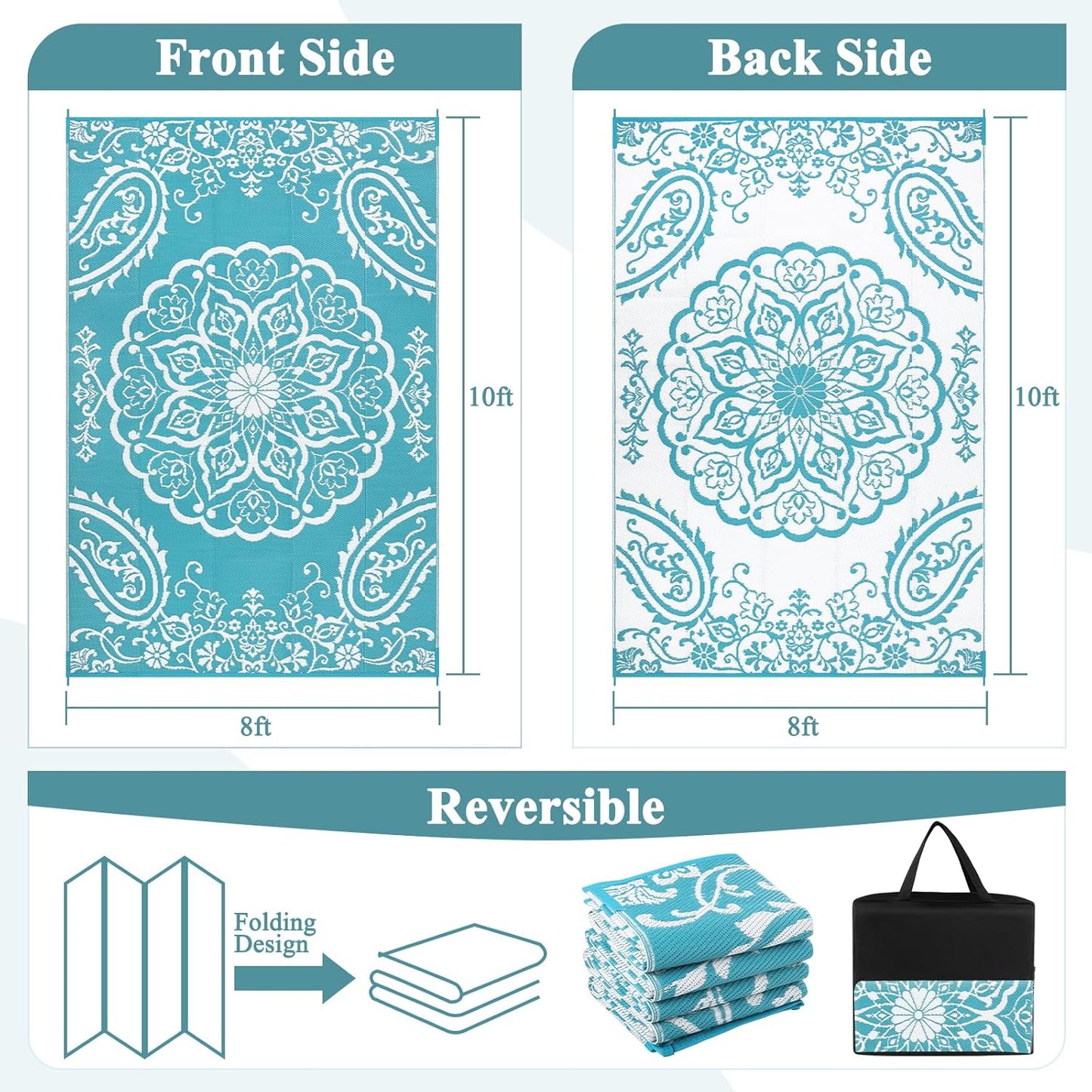 Pauwer Waterproof Outdoor Rug 8x10, Reversible Plastic Straw Patio Camping Rug, Indoor Outdoor RV Mat Carpet for Deck, Camper, Porch, Balcony, Backyard, Picnic, Boho Teal