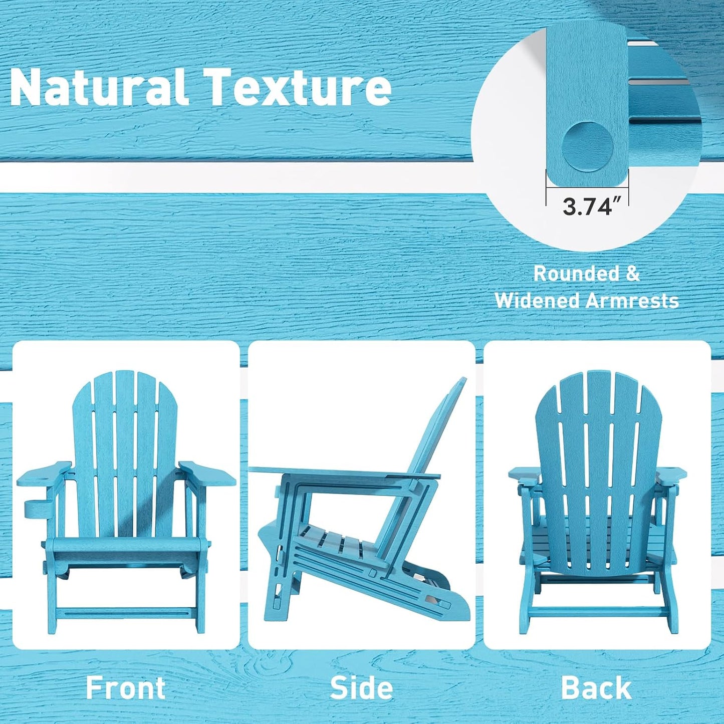 Adirondack Chairs Set of 2, Tool-Free Assembly All-Weather Plastic Adirondack Chairs, HDPE Fire Pit Chairs with Cup Holder, Outdoor Chair for Patio Garden（Lake Blue）