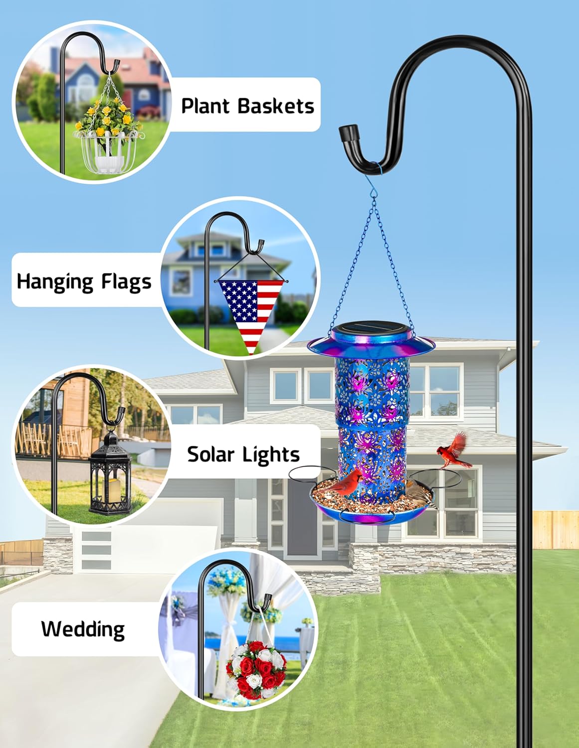 XDW-GIFTS Bird Feeder Pole for Outdoor, 92 Inch Shepherds Hooks Heavy Duty Garden Pole for Hanging Plant Basket, Solar Light Lanterns, Garden Plant Hanger Stands with 5 Base Prongs