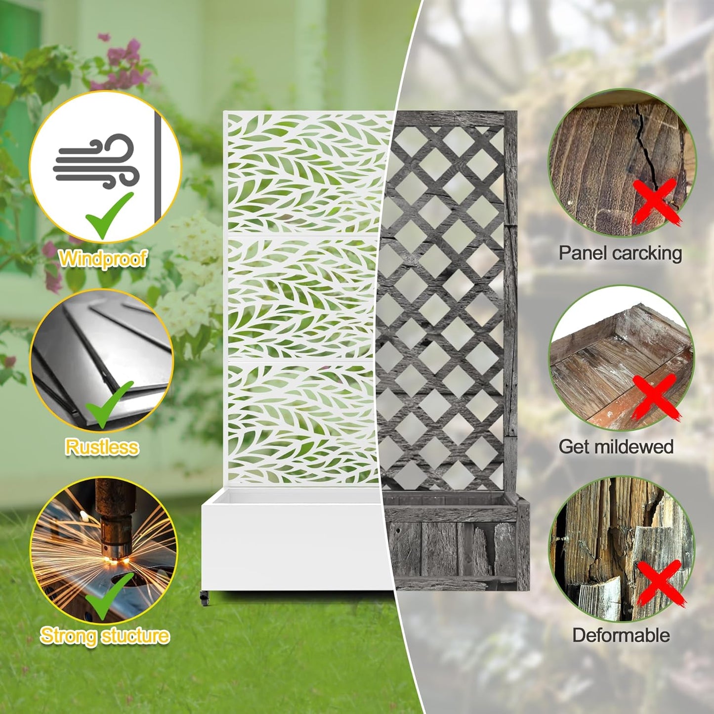 FENCY Metal Raised Garden Bed with Wheels and Trellis,73"x47"x16" Planter Box for Climbing Plants, Vegetables & Vines, Features Privacy Screen and Drainage Holes (White-Leaf)