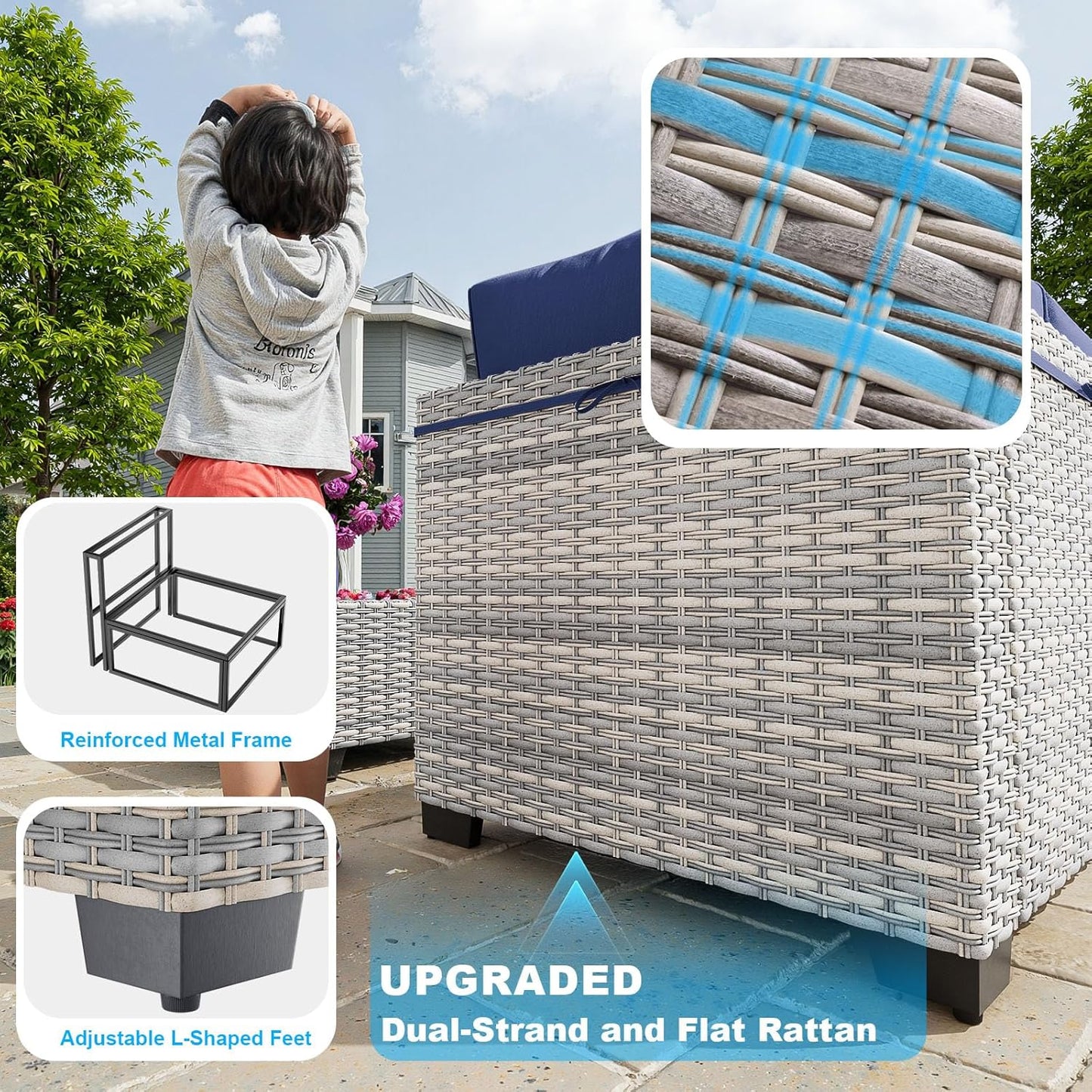 7-Piece Patio Furniture Set, Outdoor Sectional with Thick Cushions, Modular Patio Sofa, Dual-Strand Wicker Rattan, Rust-Resistant Frame, Backyard Furniture for Garden, Deck, Navy Blue