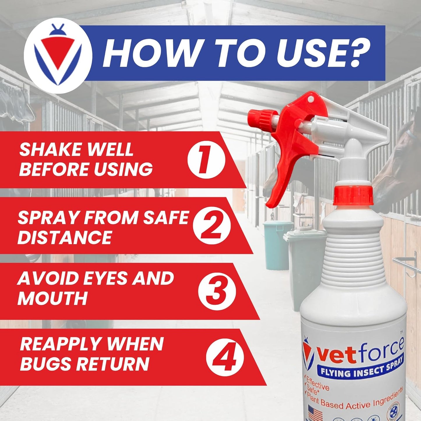 Flying Insect Spray – Fast Action Formula – Broad Coverage Use – Plant-Derived Oils – Easy Spray Application – for Mosquitoes, Stable and House Flies – Gentle Around Animals – 32 oz