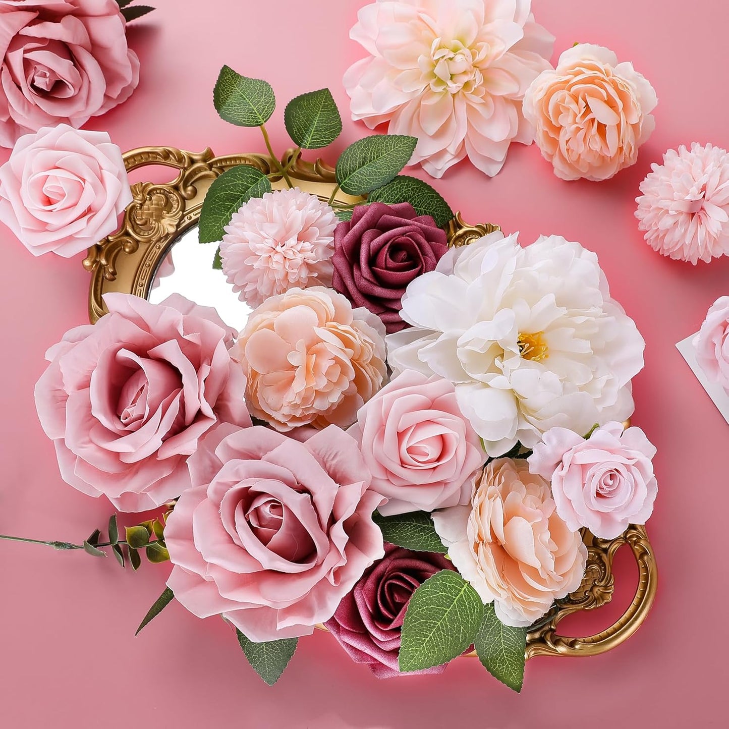 AGIRL Rose Artificial Flowers Combo Fake Flowers Pink Roses Silk Flowers with Stems for DIY Bridal Wedding Bouquets Centerpieces Arrangements Table Party Baby Shower Home Decor (Champagne Pink)