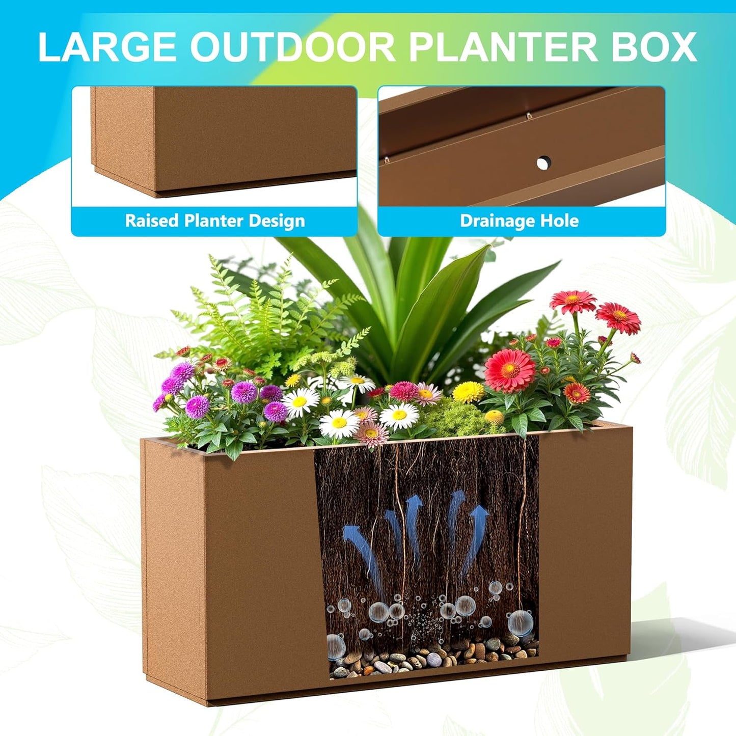 FENCY Metal Rectangular Planter Box, Large Planters for Outdoor Plants, Tall Planters for Outdoor Plants with Drainage Holes (32" L x 10" W x 16.3" H,Brown)