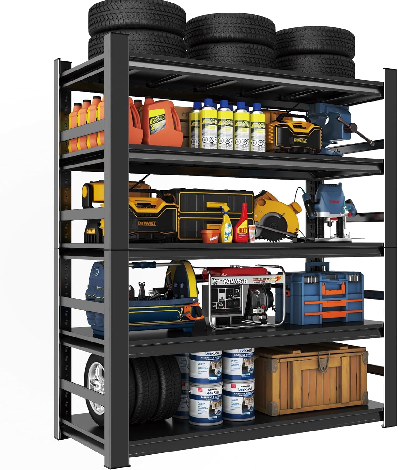 Heavy Duty 5-Tier Garage Shelf Steel Unit 3000lb Capacity | Garage & Basement Storage | Industrial Metal Shelving for Warehouse Workshop | Adjustable Rust-Resistant (72"H x 36"W x 16"D, Black)