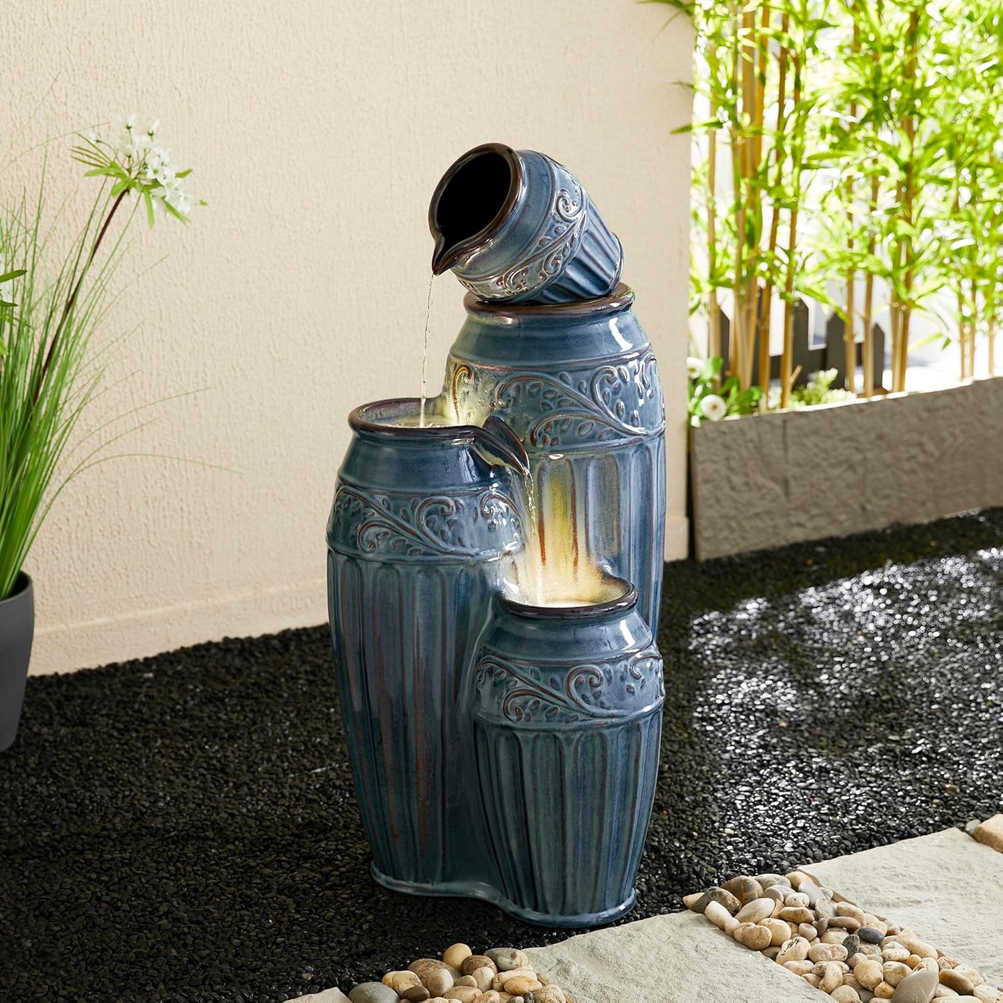 Glitzhome 35.5" H Oversized Outdoor Water Fountain with LED Lights and Pump, 4 Tier Turquoise Embossed Pattern Ceramic Pots Fountains, Cascading Standing Fountain for Porch Deck Garden Patio Backyard