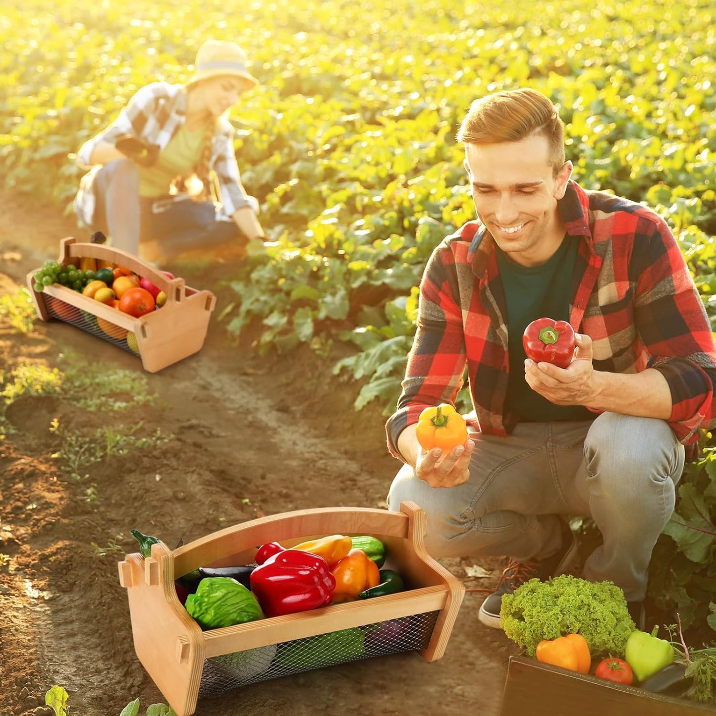 Garden Harvest Basket Mesh Storage with Handle Versatile Gardening Fruits Vegetables Gathering Basket Garden Supply Gardener Gift Spring for Washing Holding (Wood Color,13.4in)