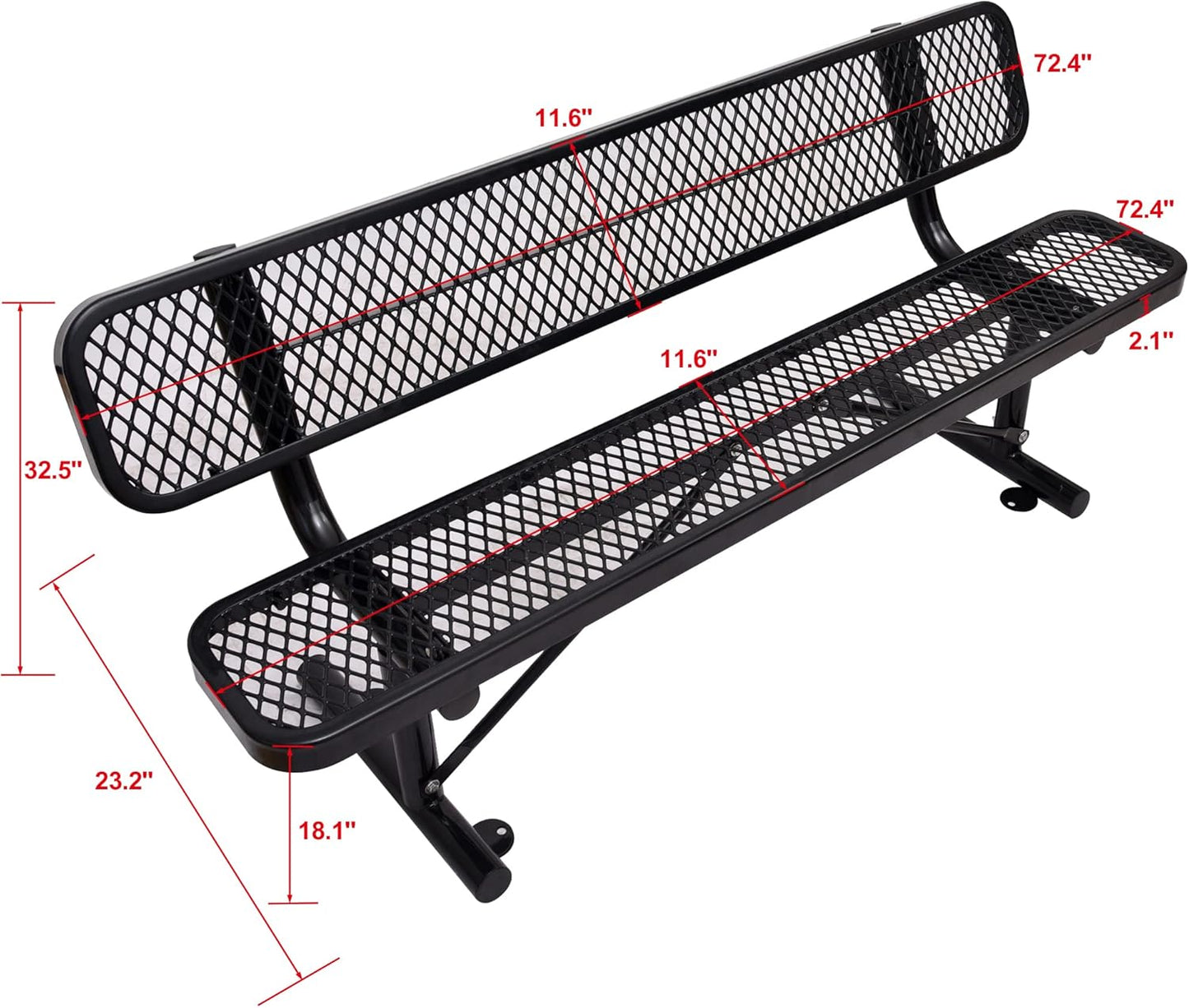 6 FT Heavy Duty Park Bench, Outdoor Metal Black Bench with Back-Commercial Steel Benches for Outside, 2-4 Person Seat-Garden Benches with Portable Frame for Outdoors