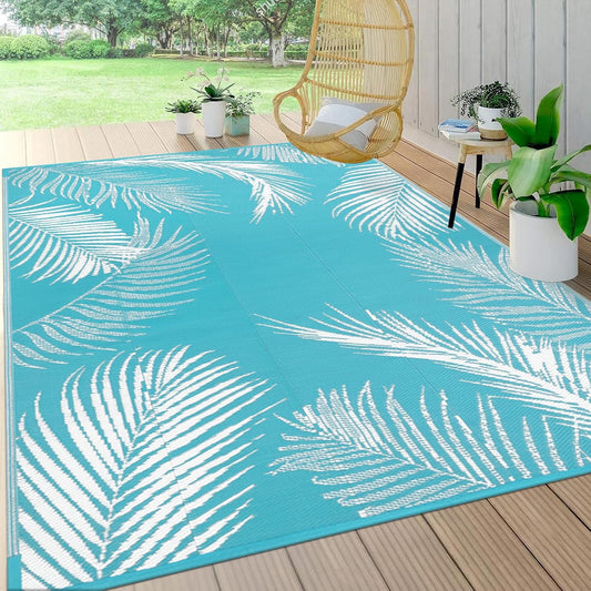 Pauwer Waterproof Outdoor Rug 5x8, Reversible Plastic Straw Patio Camping Rug, Indoor Outdoor RV Mat Carpet for Deck, Camper, Porch, Balcony, Backyard, Picnic, Leaf Teal