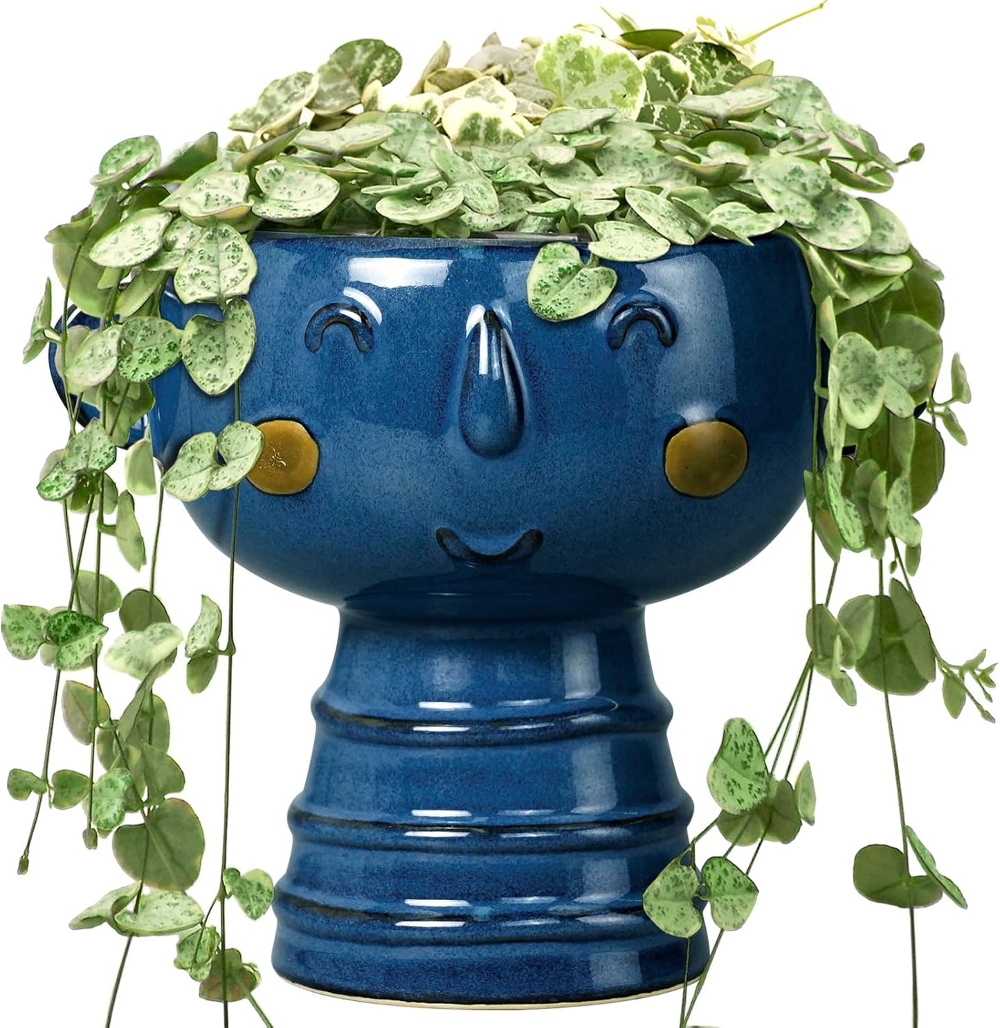 Face Planter Pot Head 7 Inch - Cute Ceramic Head Planter for Indoor Outdoor Plants Unique Flower Pot with Drainage Hole Gift Ideas for Christmas Blue