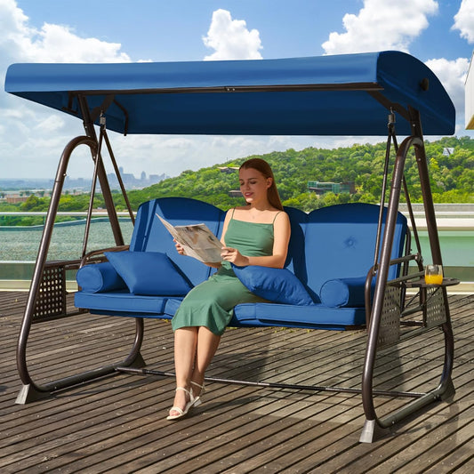 3 in 1 Outdoor Porch Swing with Adjustable Canopy, 3 Seat Outdoor Swing for Adults, Patio Swing Chair with Thickened Cushions,Pillows & Cup Holders for Backyard, Porch, Garden (Blue)