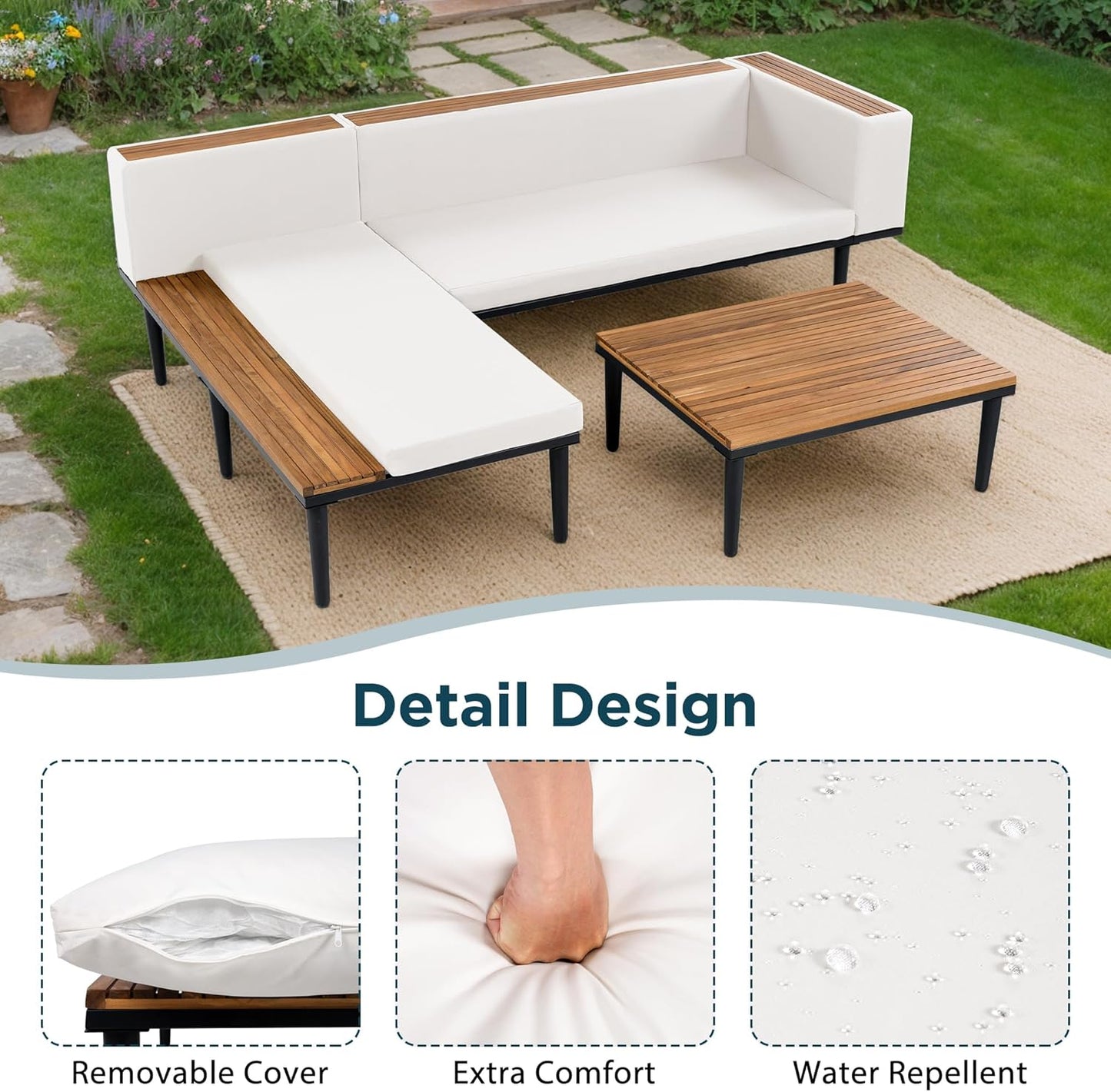 Acacia Wood Patio Furniture Set, Luxury Outdoor Conversation Sectional Sofa with Removable Cushions and Coffee Table, Side Table, L-Shaped Sofa Set for Backyard, Porch (Beige/17)