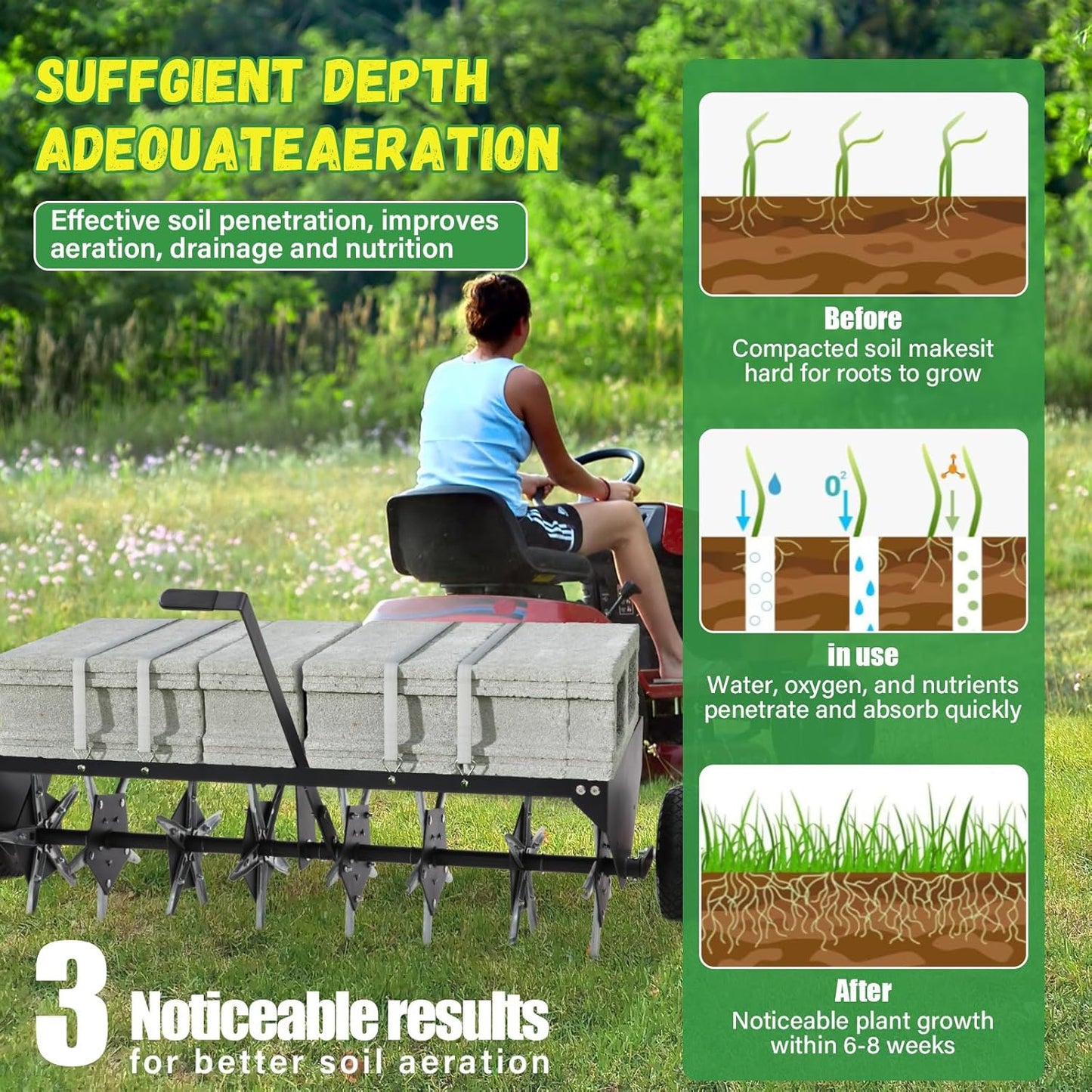 Doniks 52-Inch Tow Behind Lawn Plug Aerator with Universal Hitch, Lawn Aerator Tow Behind with 40 Galvanised Steel Tines,Tray and Inflatable Wheels for Gardens, Lawns, Farms