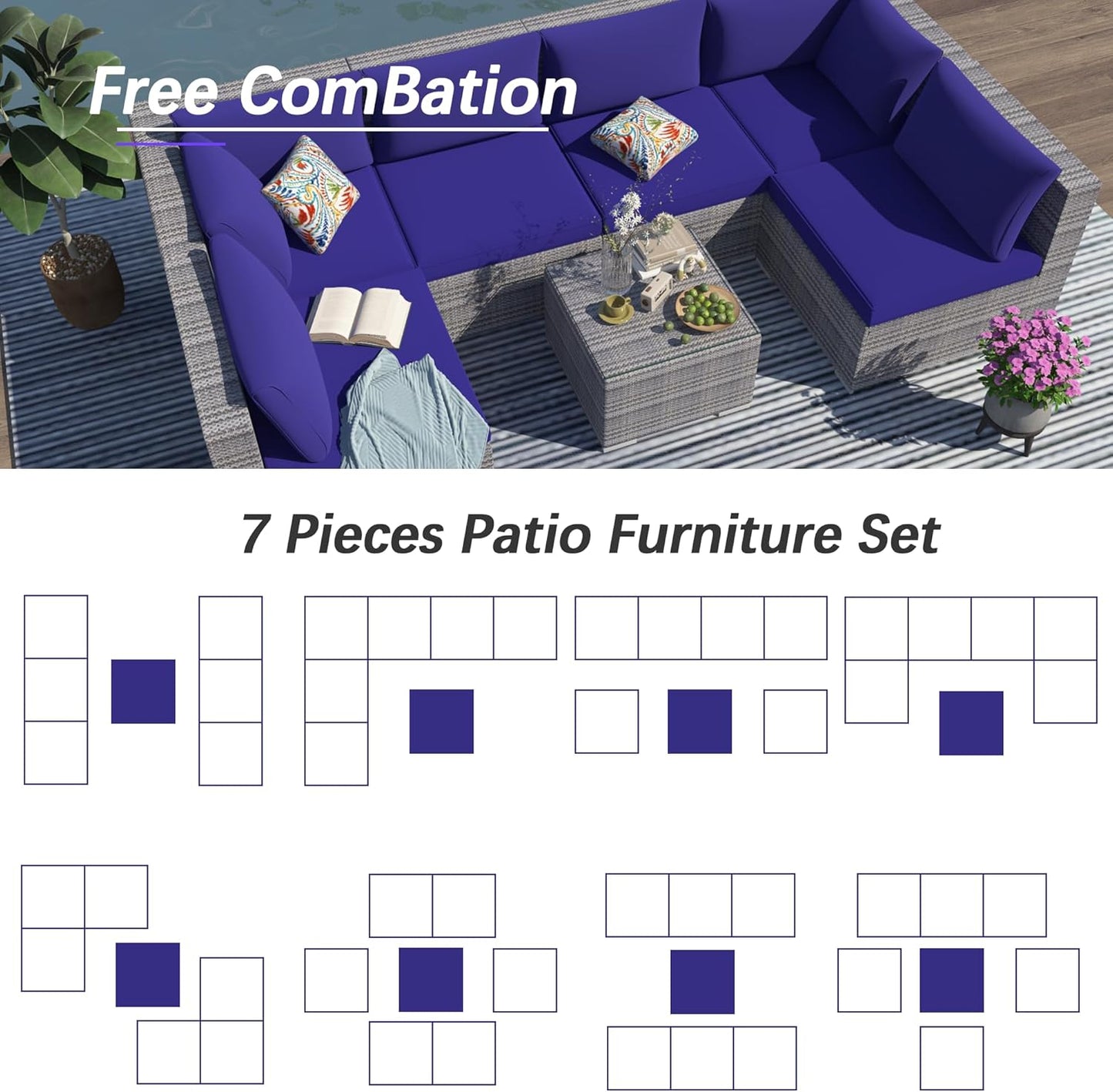 7 Piece Patio Furniture Set, Outdoor Couch Set—All-Weather Outdoor Furniture Sectional w Water Resistant Thick Cushions, Patio Sofa Set w 2 Extra Pillows and Coffee Table, Navy Blue/Gray