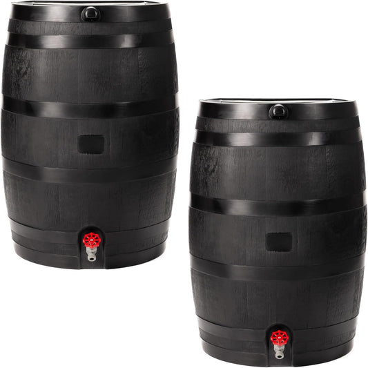 50-Gallon ECO Rain Barrel Made with 100% Recycled Plastic, Flat Back Rain Water Collection Barrel, Link Kit Included, Black (2 Pack)