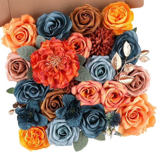 AGIRL Artificial Flowers Combo Silk Mix Purple Fake Flower with Stems for DIY Wedding Bouquets Centerpieces Arrangements Table Chair Decor Baby Shower Home Decor (Teal Orange)