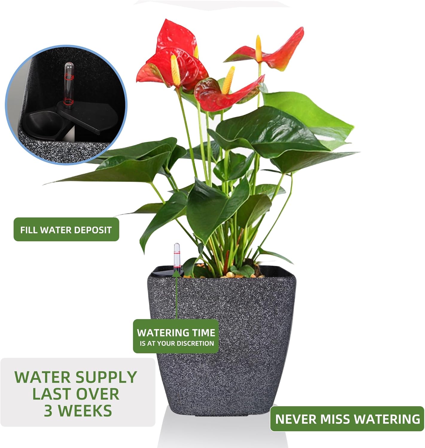 Dexceder 18x17 Self Watering Planter with Wheels Indoor Outdoor, Inner Mat Design, Thickened Large Floor Standing Flower Plant Pot with Water Level Indicator (Stone Matte)