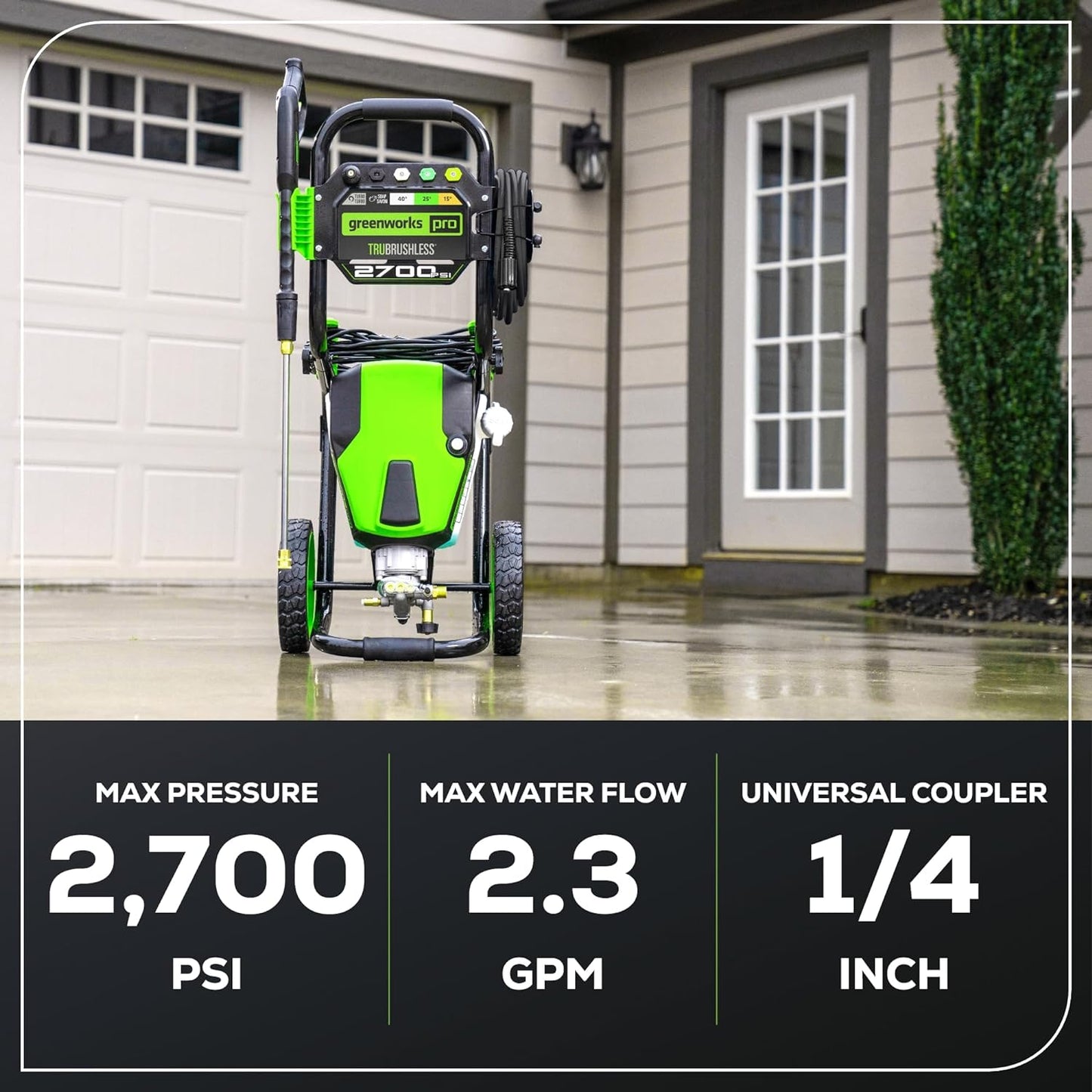 Greenworks 2700 PSI Pressure Washer (2.3 GPM Max) with Foam Cannon - Powerful Enough to Remove Pesky Dirt and Grime on Siding, Fences, Patios, Driveways, and Sidewalks