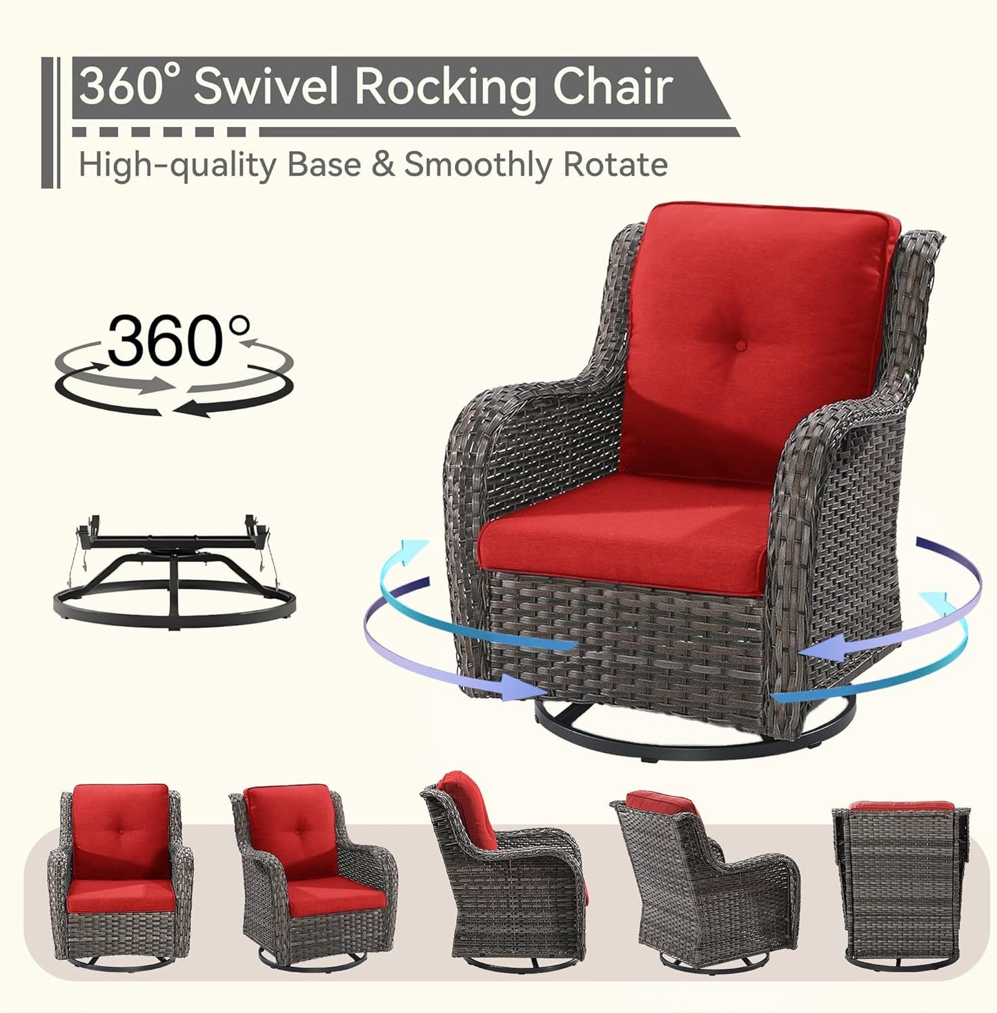 3 Pieces Outdoor Furniture Set - Patio Wicker Swivel Rocker Chair Set of 2 and 1 Side Table, Red, Mixed Brown Rattan, Suitable for Porch, Yard