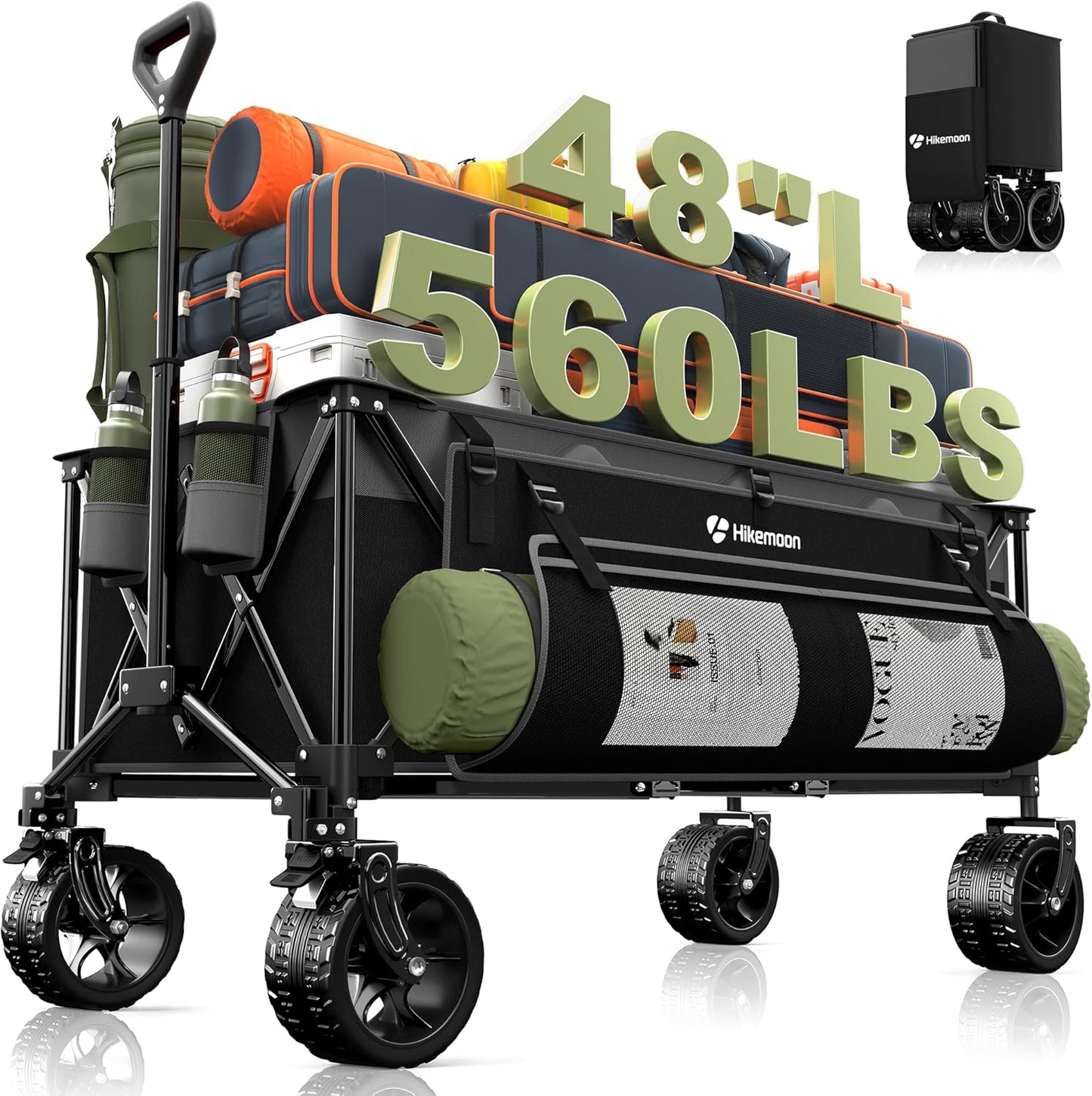 300L Extra Large Wagons Carts Foldable, 560LBS Heavy Duty Collapsible Beach Wagon 48" Long with Big All-Terrain Wheels, Utility Folding Cart for Camping, Grocery, Sports, Garden, Grey & Black