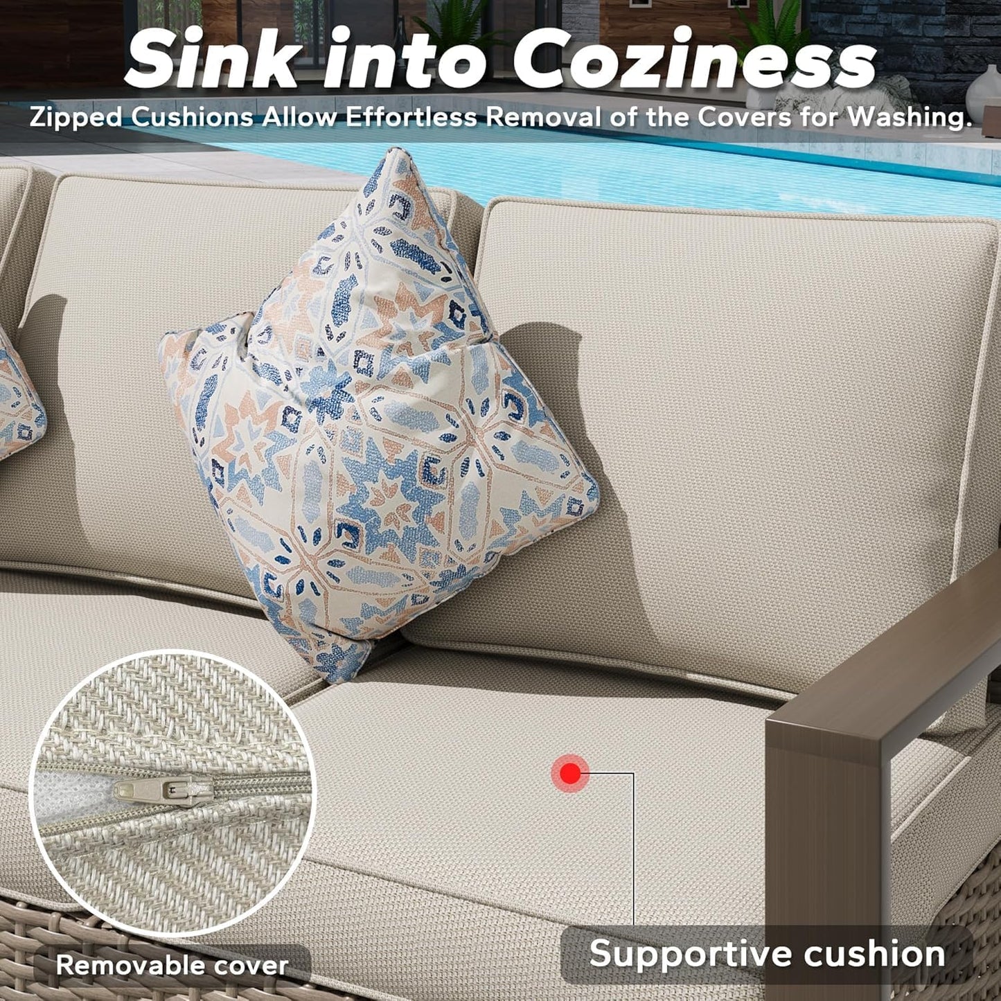 75" Patio Metal Wicker Sofa, All Weather Outdoor Rattan 3-Seat Sofa Couch with Premium Cushions & Rectangular Framed Wood-Looking Metal Armrest for Garden Backyard Porch Deck, Beige