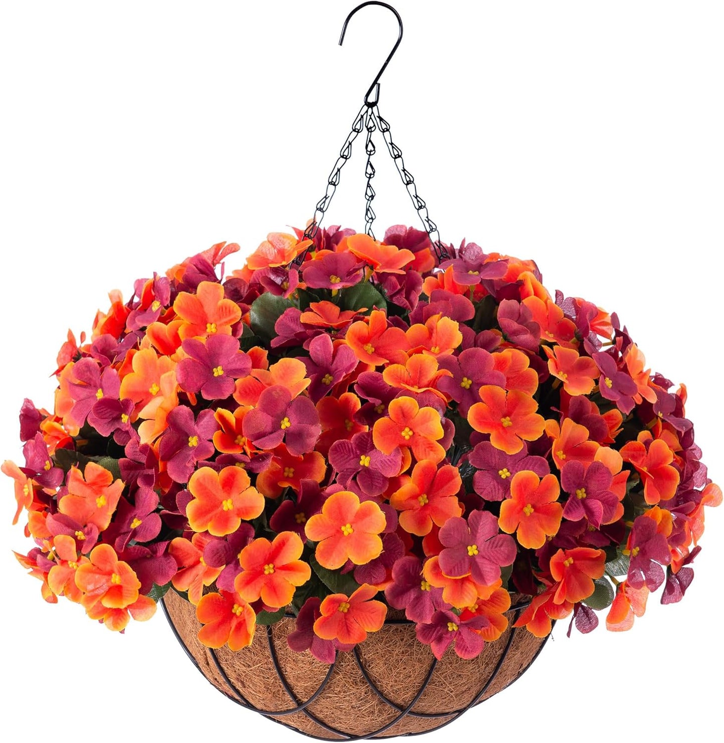 Fall Artificial Hanging Flowers with 12" Basket for Outdoor Decor, Fake Hydrangea UV Resistant Arrangements in Pot Planter Decor for Indoor Porch Garden Yard(Orange Brown)