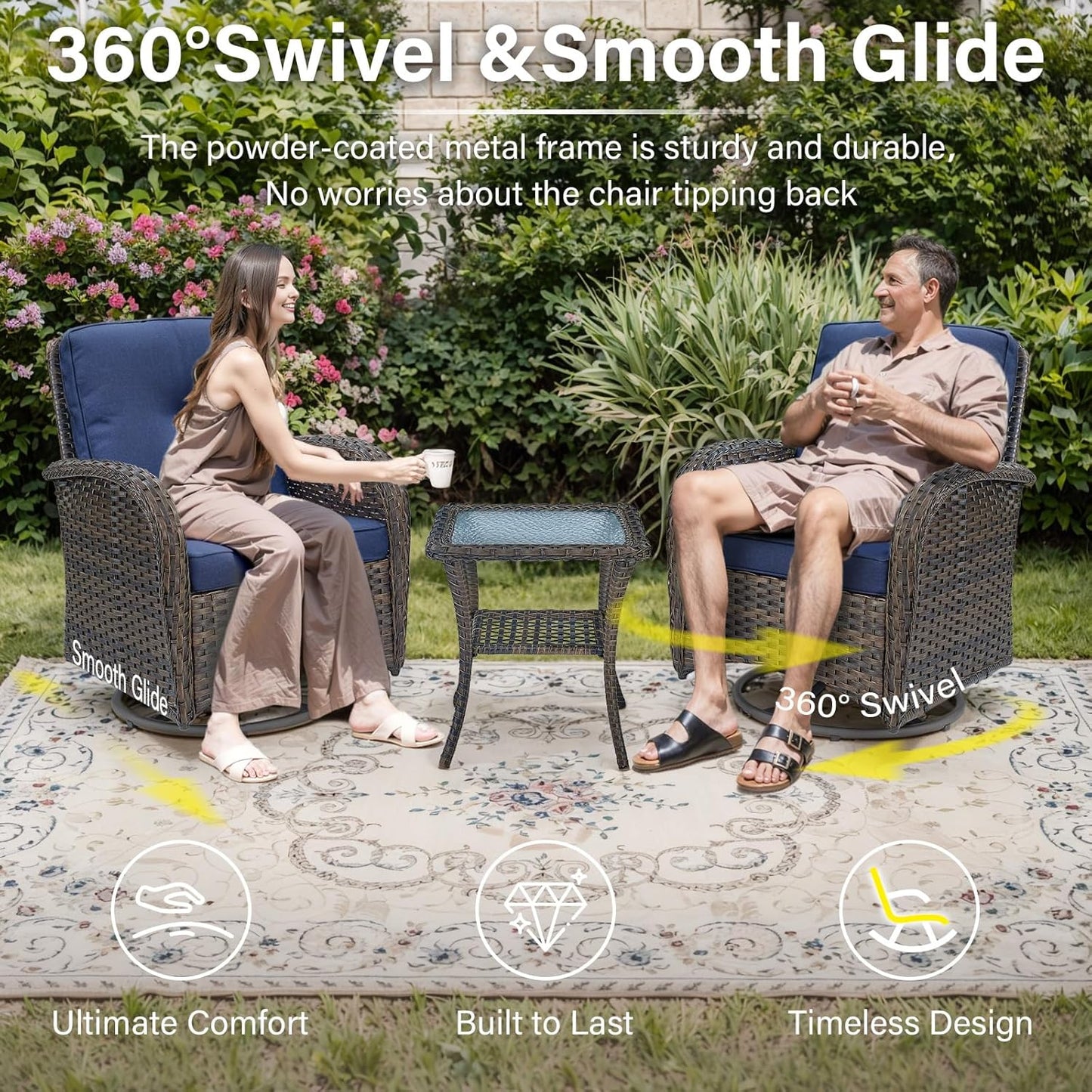 Expansive 10 Pieces Outdoor Patio Furniture Set with 43” Propane Fire Pit Table, Patio Conversation Set with Swivel Rocker Outdoor Chairs Set of 4 and Sofa, Ottoman and Wicker Side Table Brown