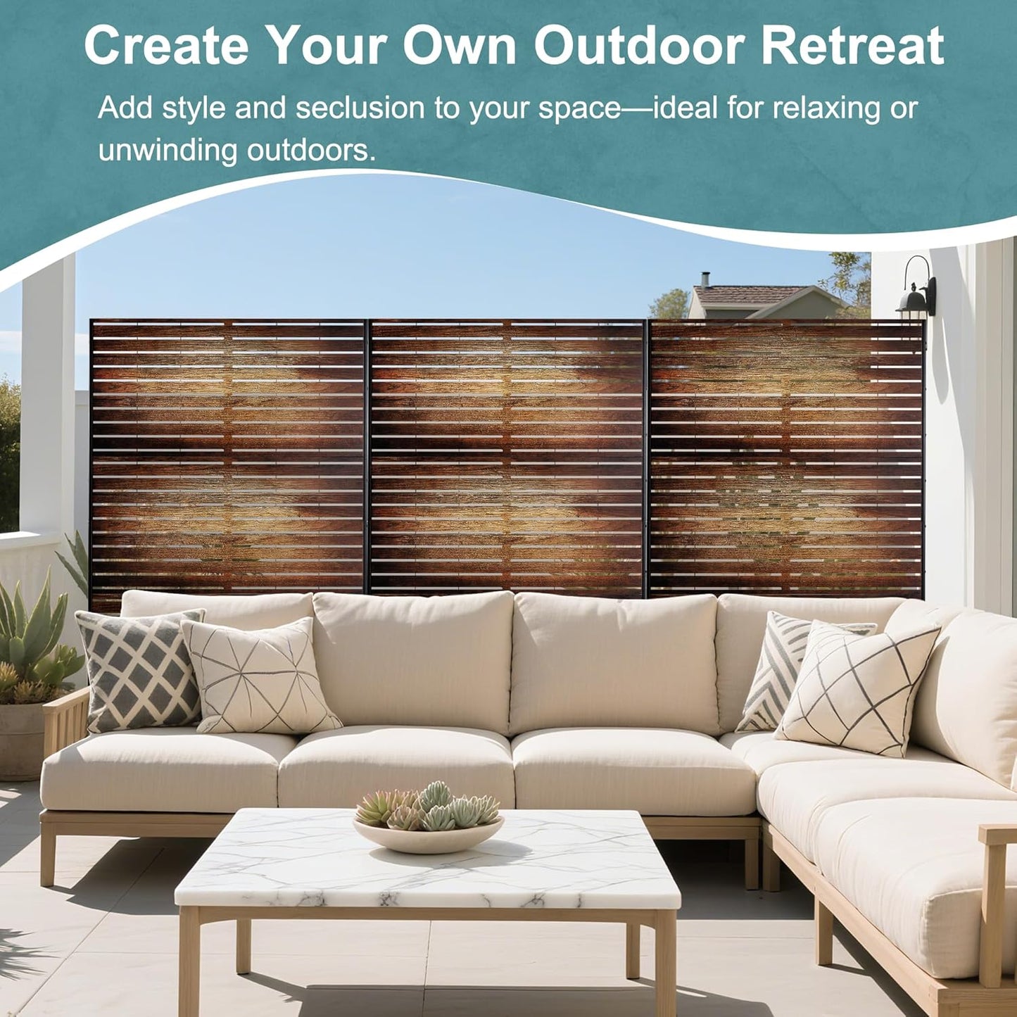 Metal Privacy Screen Outdoor Freestanding Privacy Wall Panels and Decorative Patio Dividers,Crafted from Steel with Sun-Proof Design,Ideal for Patio,Garden,72" H×47" L（Wooden&Vintage-3 Panels