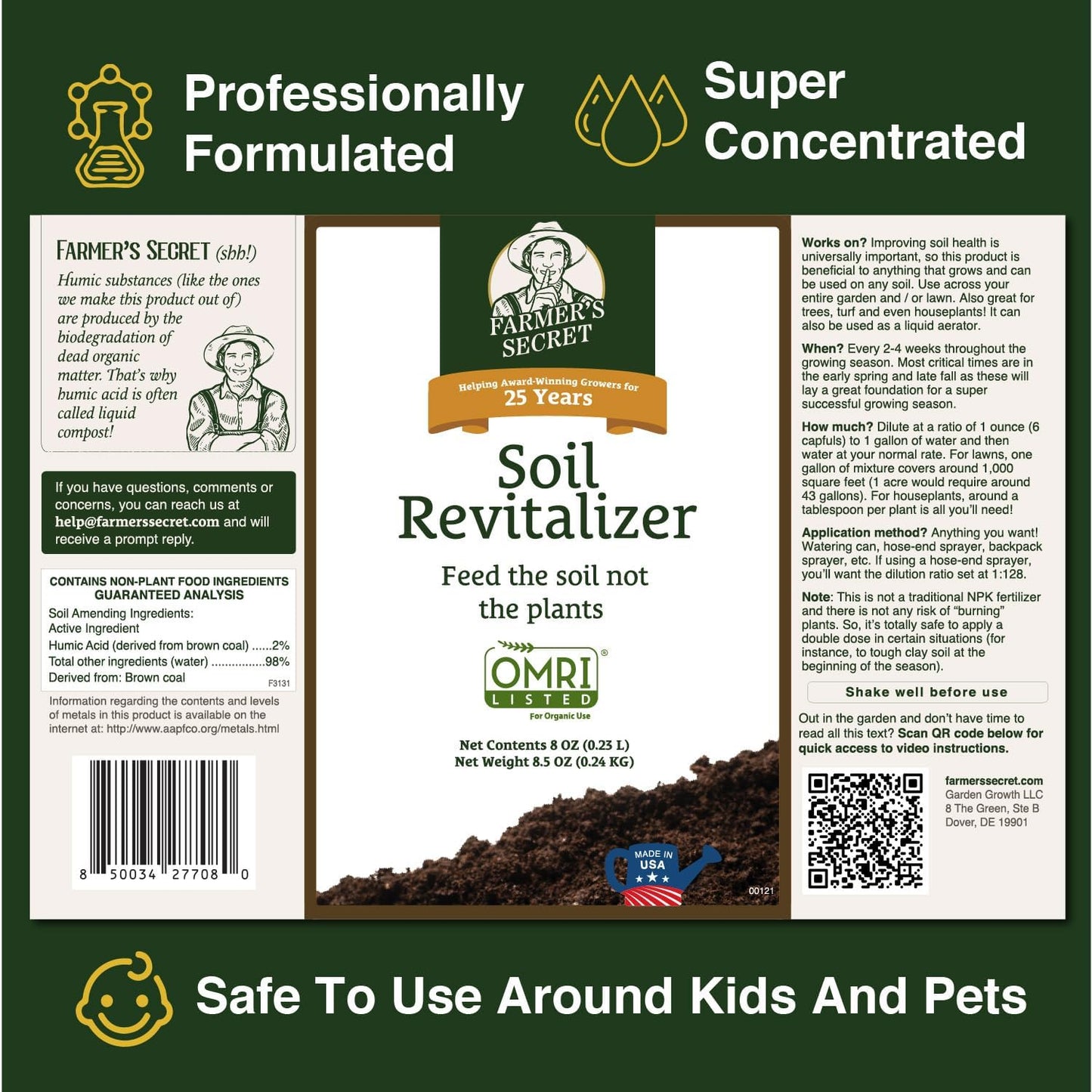 Farmer’s Secret Soil Revitalizer (8oz) - Organic (OMRI Listed) Dirt Health Booster - Liquid Compost Soil Amendment - Activated Humic Acid - Great for Fall Application