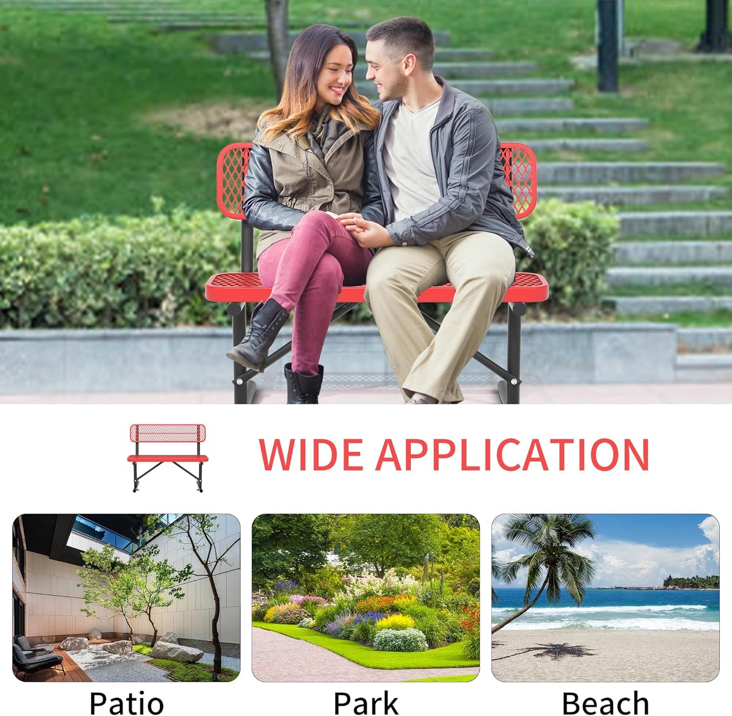 4 Feet Heavy Duty Metal Park Bench for Outside, Outdoor Bench with Backrest & Portable Frame, Commercial Benches for Shopping Malls, Stores, Parks, Patios, Decks, Red