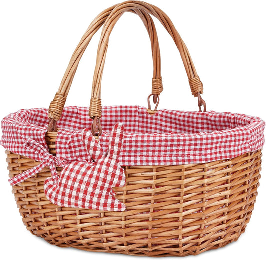 G GOOD GAIN Wicker Picnic Basket with Double Folding Handles,Willow Picnic Hamper,Natural Hand Woven Easter Basket,Easter Eggs and Candy Basket,Bath Toy and Kids Toy Storage,Gift Packing Basket.Red