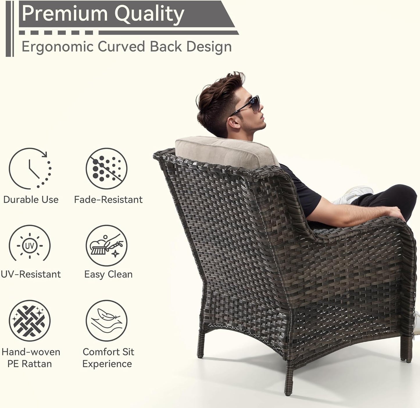 5 Pieces Patio Conversation Set, Wicker Chairs Set of 2 and Two Ottomans with 3.5-inch Seat Cushions, 1 Side Table High Back and Curved Armrest for Backyard, Balcony and Deck, Beige