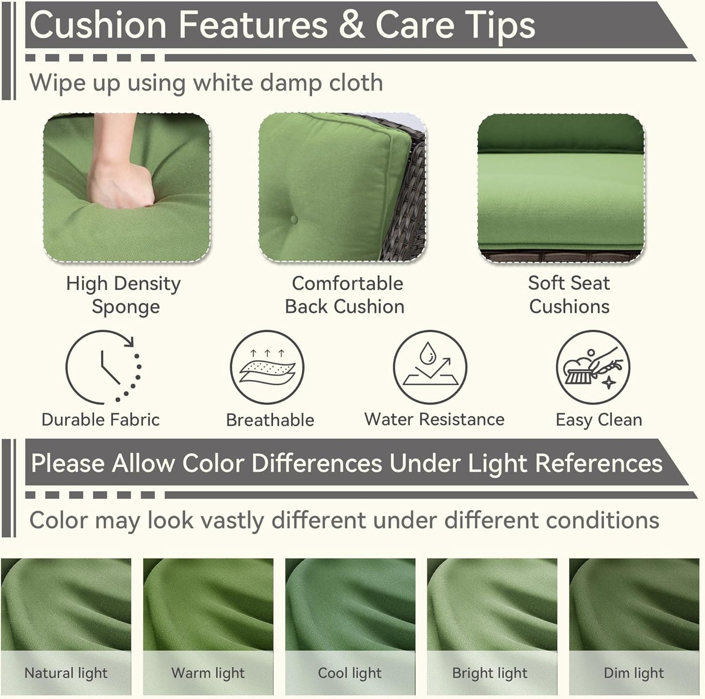 5 Pieces Patio Conversation Set, Wicker Chairs Set of 2 and Two Ottomans with 3.5-inch Seat Cushions, 1 Side Table High Back and Curved Armrest for Backyard, Balcony and Deck, Green