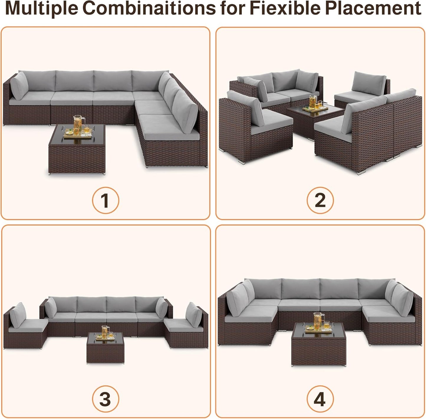 Ahomly 7-Piece Patio Furniture Set, Outdoor Sectional Couch with Water-Resistant Cushions & Coffee Table, PE Rattan Outdoor Patio Sofa Set for Backyard, Deck, Garden, or Porch, Grey