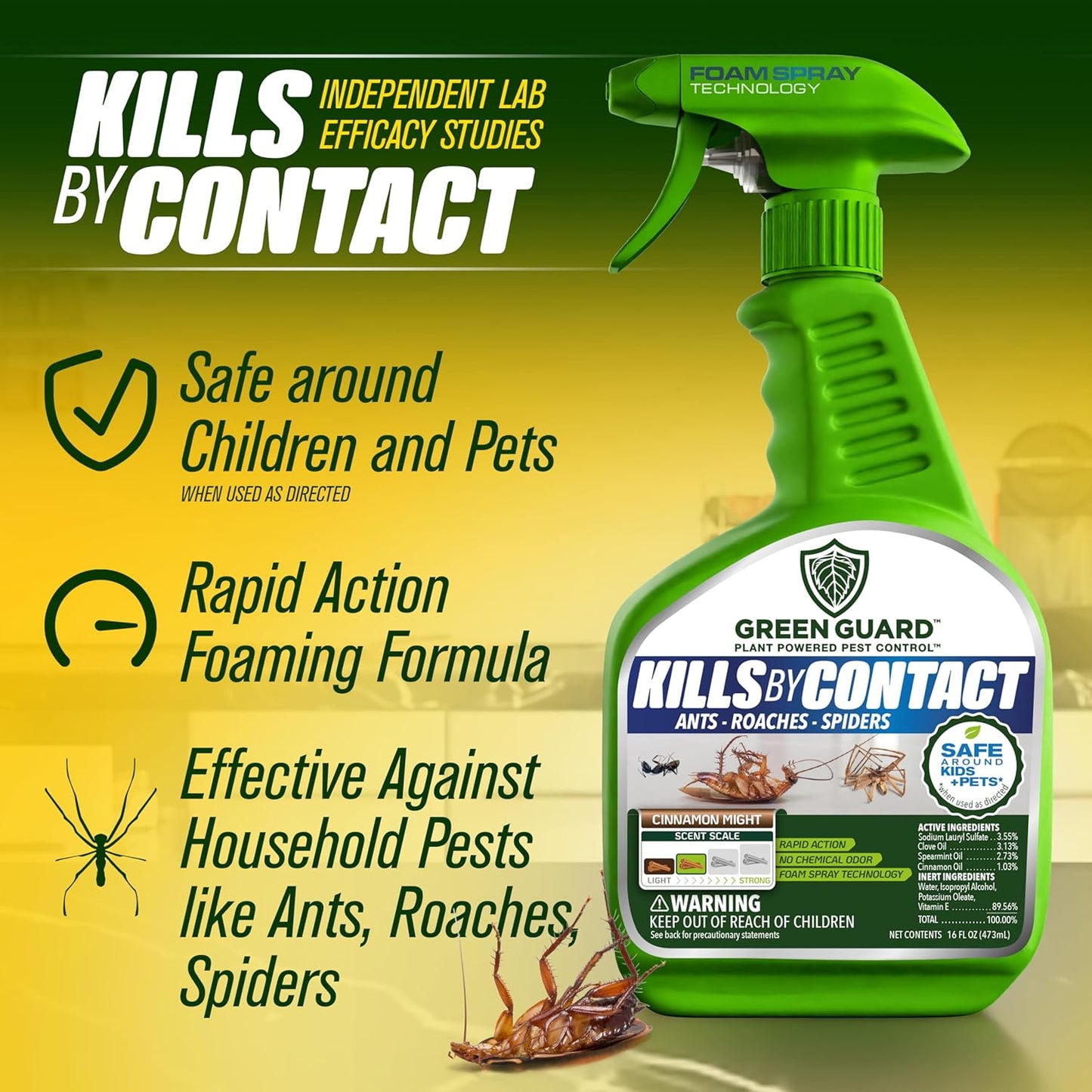 Green Guard Pest Control Spray - Indoor & Outdoor Killer of Ants, Roaches, Spiders & Other Crawling Insects, Safe Around Children & Pets, Plant-Based, Pleasant Scent (Cinnamon Might, 16oz)